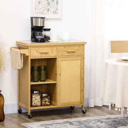 Bamboo Kitchen Island on Wheels, Rolling Kitchen Cart with Tempered Glass Top, 2 Drawers, Towel Racks, Open Compartments, Rattan Door Cabinet, Natural Kitchen Islands & Kitchen Carts   at Gallery Canada