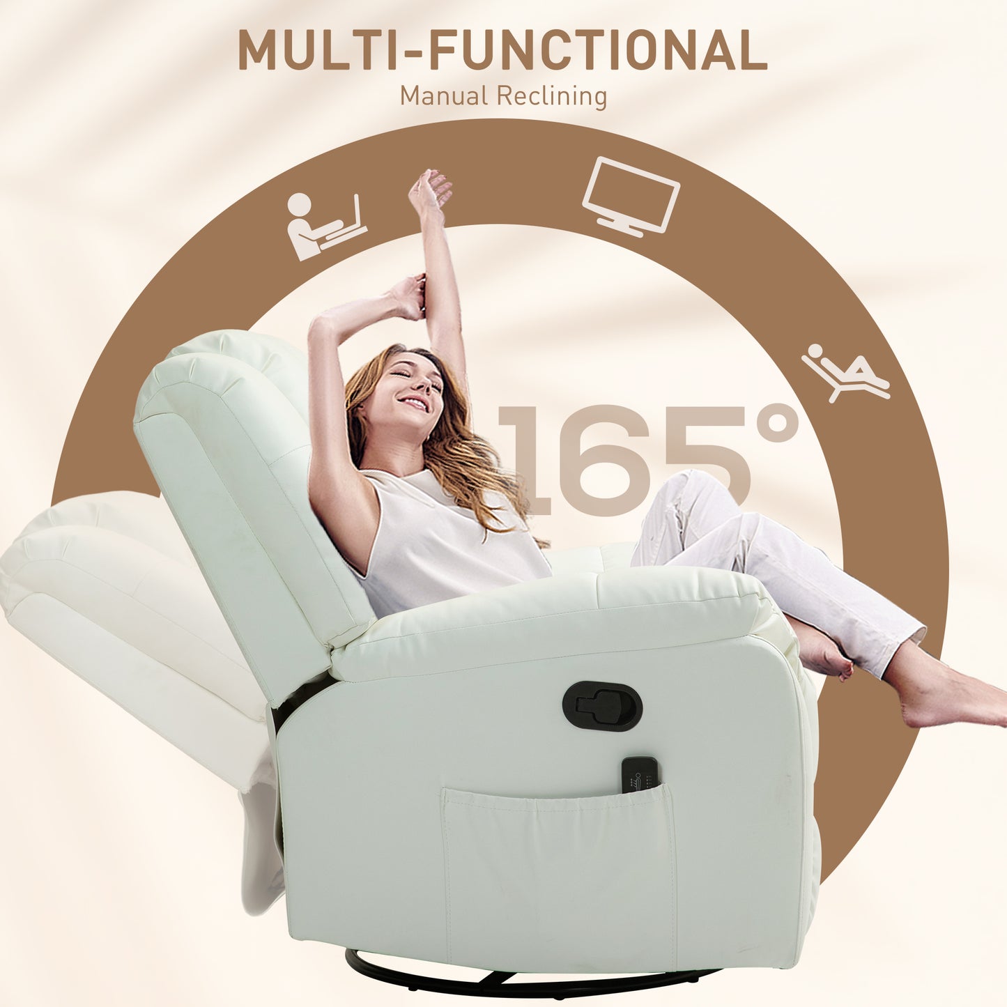 Vibration Massage Recliner, PU Leather Manual Reclining Chair, Rocker, Cream White Single Sofas   at Gallery Canada