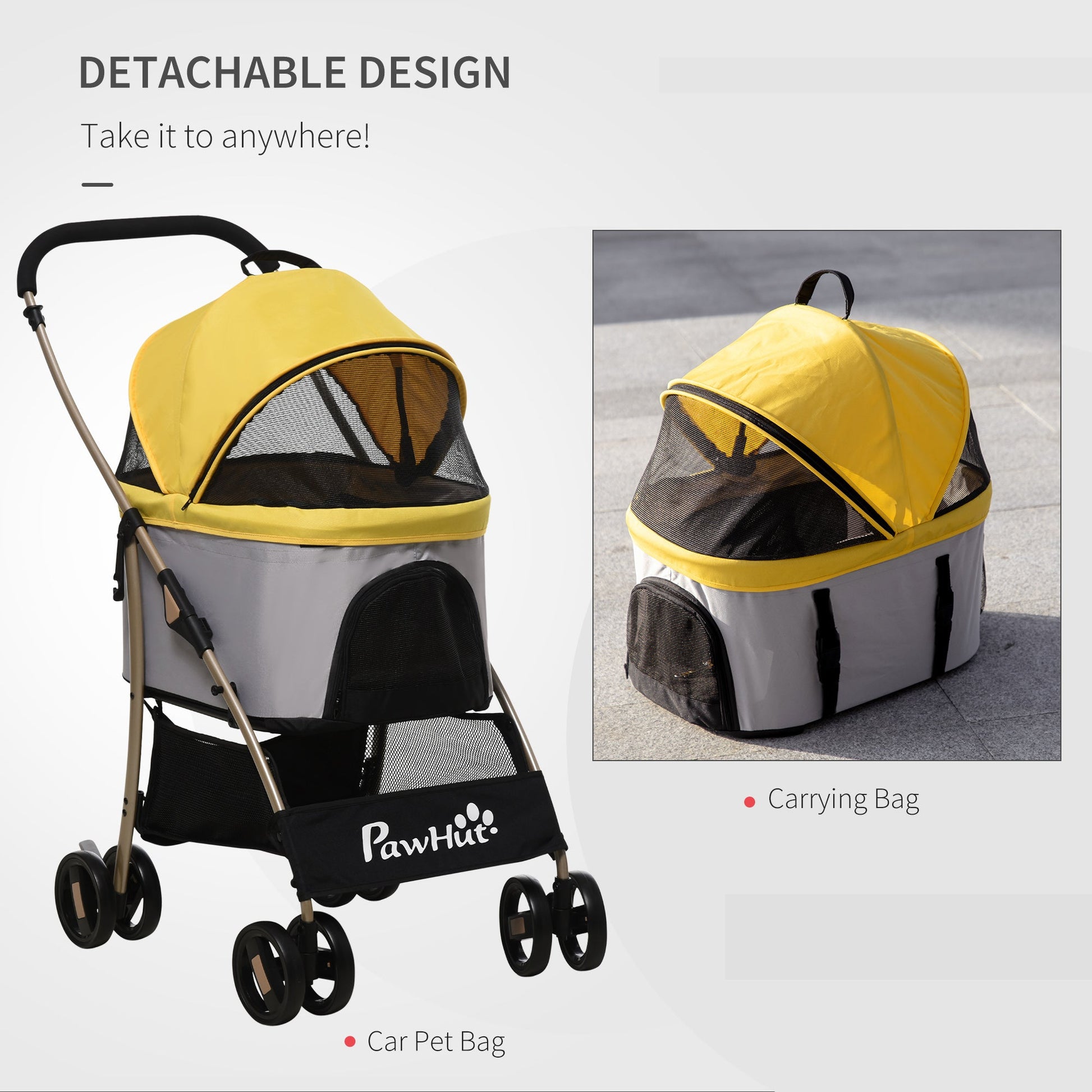 4 Wheels Pet Stroller, 3 in 1 Dog Cat Travel Folding Carrier, for Small Dogs, Detachable, w/ Brake, Canopy, Basket, Storage Bag - Yellow Dog Bike Trailers & Strollers   at Gallery Canada