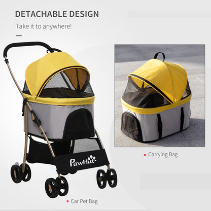 4 Wheels Pet Stroller, 3 in 1 Dog Cat Travel Folding Carrier, for Small Dogs, Detachable, w/ Brake, Canopy, Basket, Storage Bag - Yellow Dog Bike Trailers & Strollers   at Gallery Canada