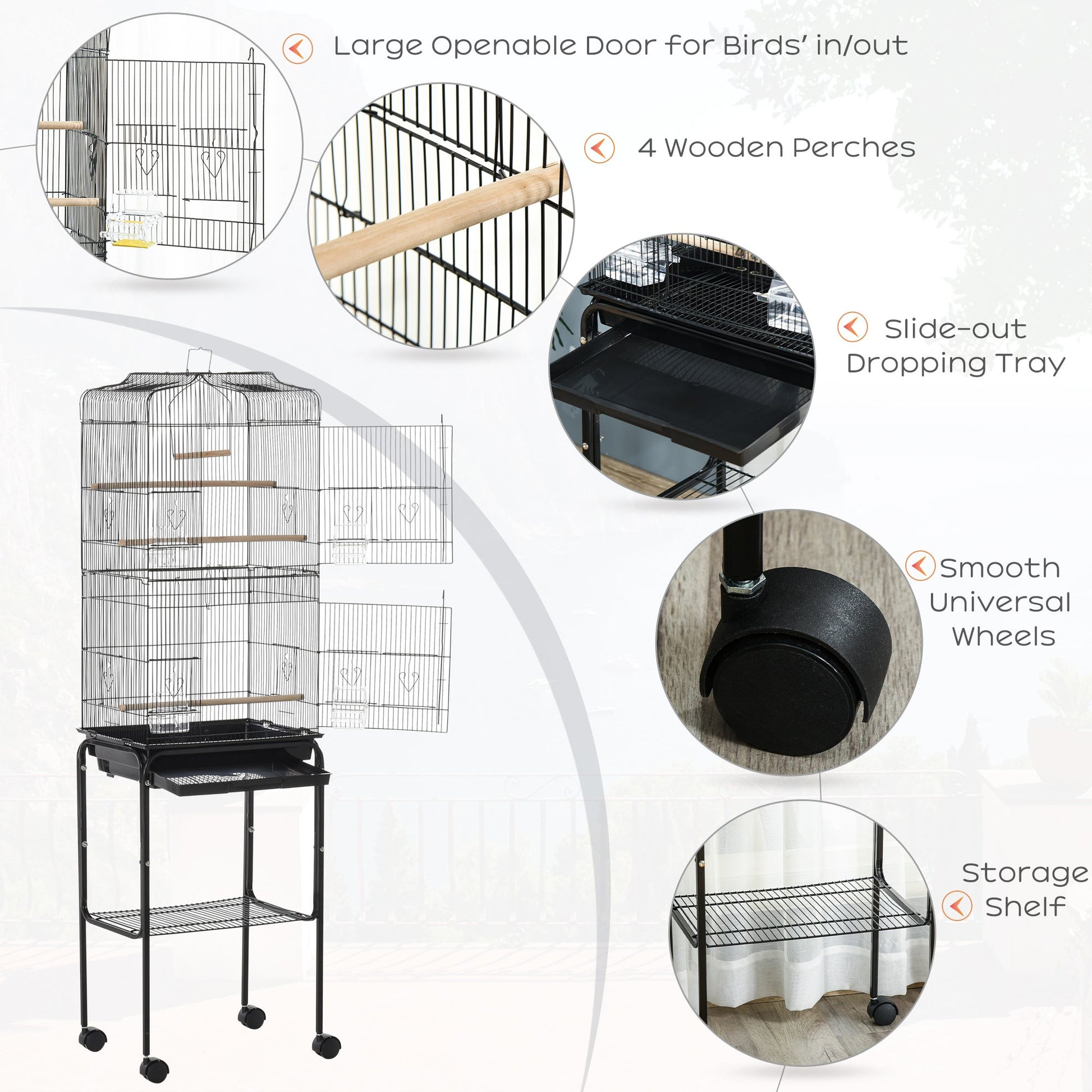 62" Rolling Bird Cage Cockatoo House Play Top Finch Pet Supply with Storage Shelf, Wheels - Black Bird Cages   at Gallery Canada