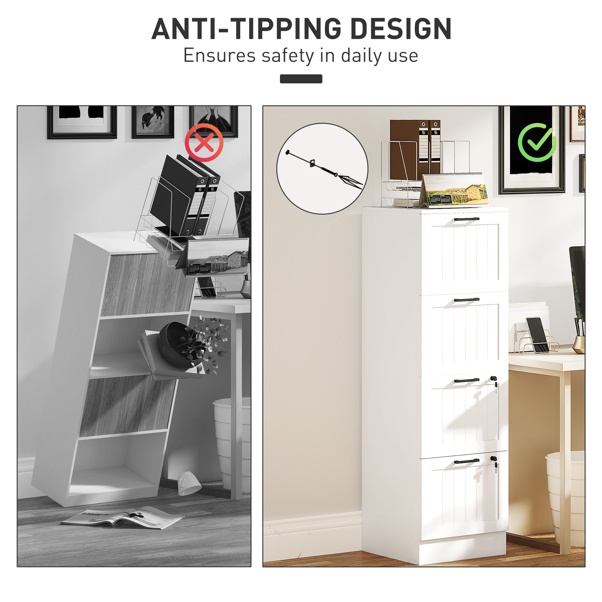 4 Drawer Filing Cabinet with Lock, Office Storage Cabinet with Adjustable Hanging Bars for A4 Letter Size Files, White Office Cabinets & Cupboards at Gallery Canada