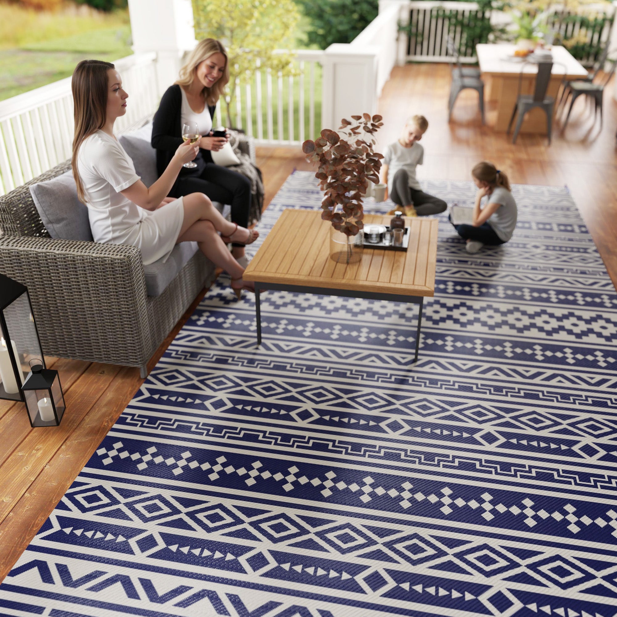 9' x 18' Outdoor RV Rug, Reversible Patio Floor Mat with Carry Bag, Geometric Wall, Blue and White Garden Decor at Gallery Canada