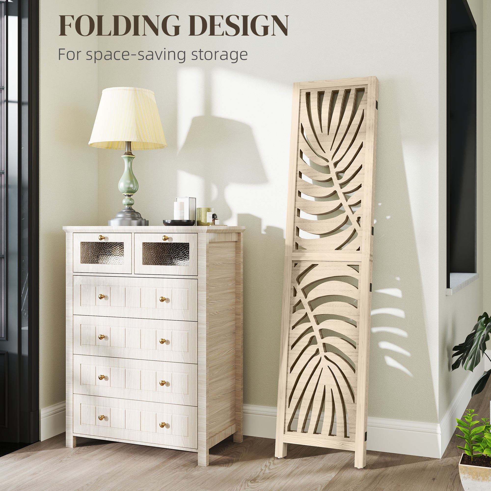 3 Panel Room Divider, Detachable Folding Privacy Screens with Palm Leaf Design for Home Office, Natural Wood Finish Room Dividers at Gallery Canada