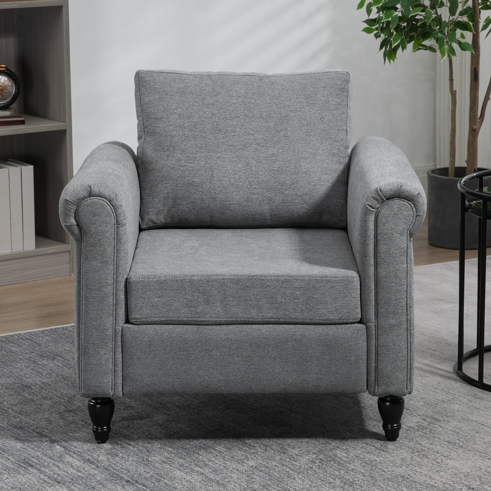 Vintage Armchair, Upholstered Accent Chair with Rolled Arms, Gourd-Shaped Rubber Wood Legs, Light Grey Accent Chairs   at Gallery Canada