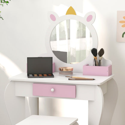 Kids Makeup Vanity Set with Stool, Mirror, Drawer, Storage Boxes, Unicorn Design, White Toy Vanity   at Gallery Canada