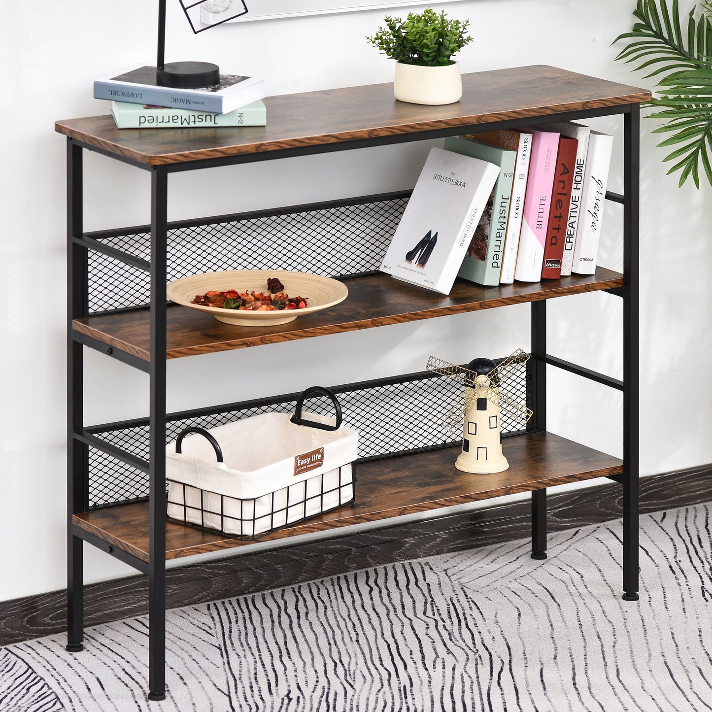 3 Tier Bookshelf Industrial Display Rack, 39 Inch Wood Metal Bookcase with Adjustable Feet for Living Room, Balcony, Kitchen, Brown Display Bookshelves   at Gallery Canada