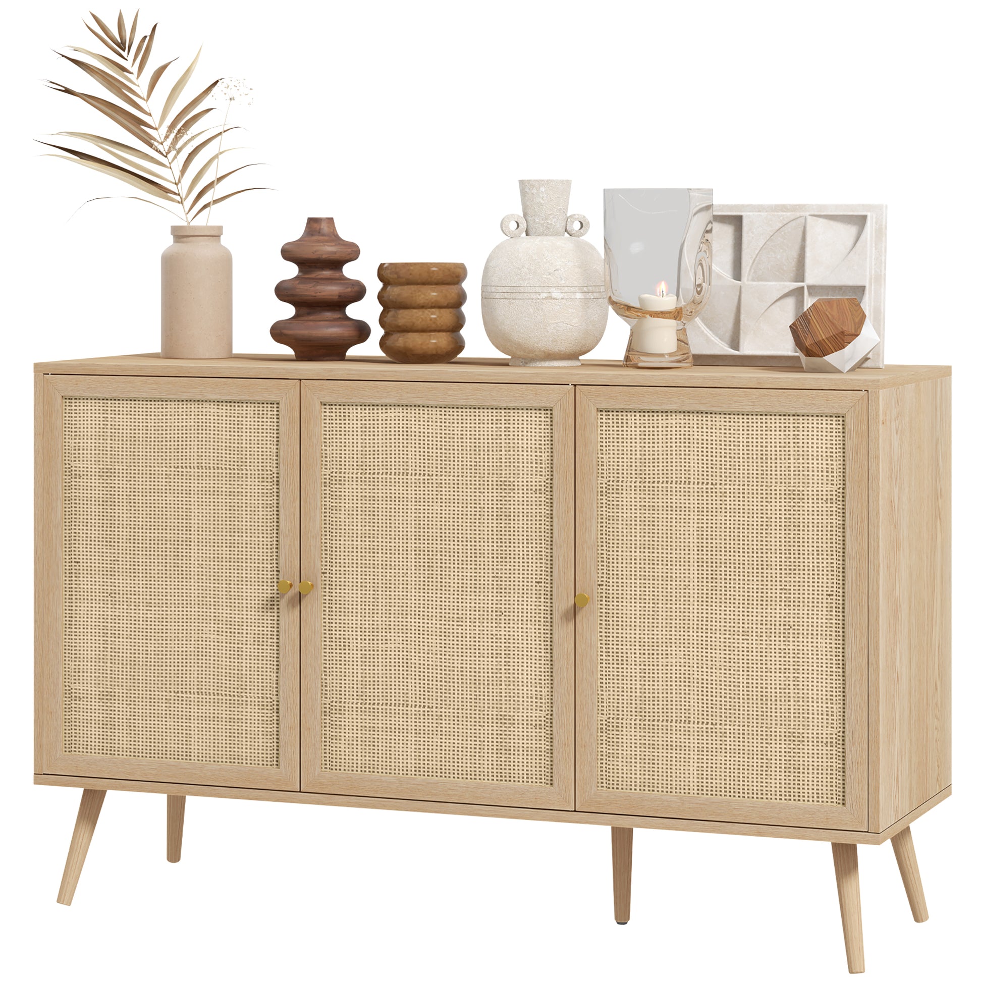 Kitchen Sideboard Cabinet, Boho Storage Cabinet with Shelves, Wood Legs, Decorative Rattan Doors, Natural Storage Cabinets   at Gallery Canada