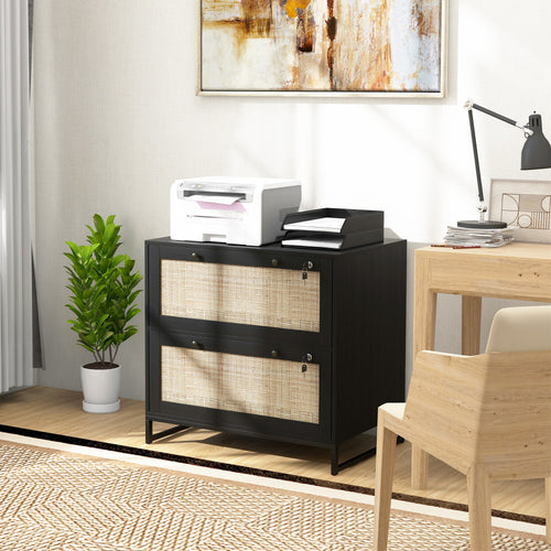 2-Drawer Filing Cabinet with Lock, Rattan File Cabinet with Adjustable Hanging Bar, Black