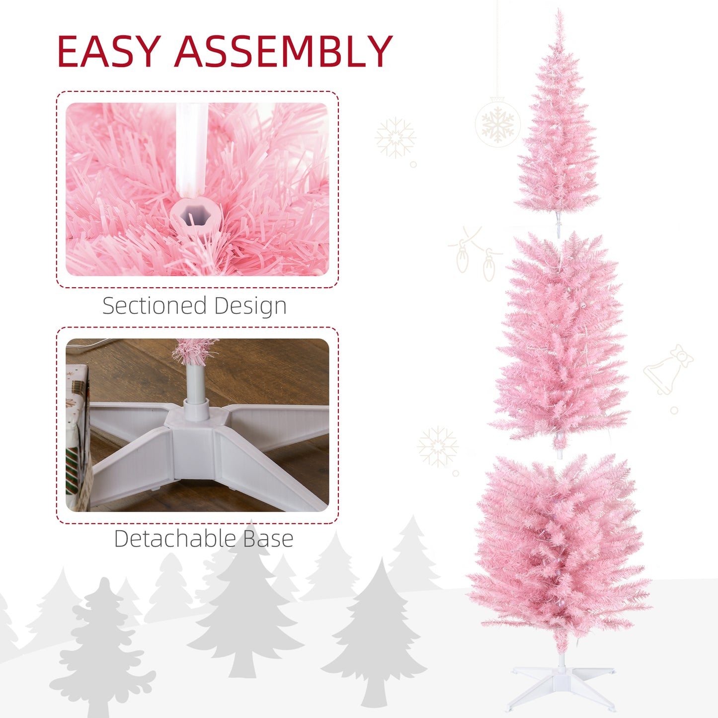 7' Pre Lit Artificial Pencil Christmas Trees, Xmas Tree with Realistic Branches and Warm White LED Lights, Pink Pencil Christmas Trees   at Gallery Canada