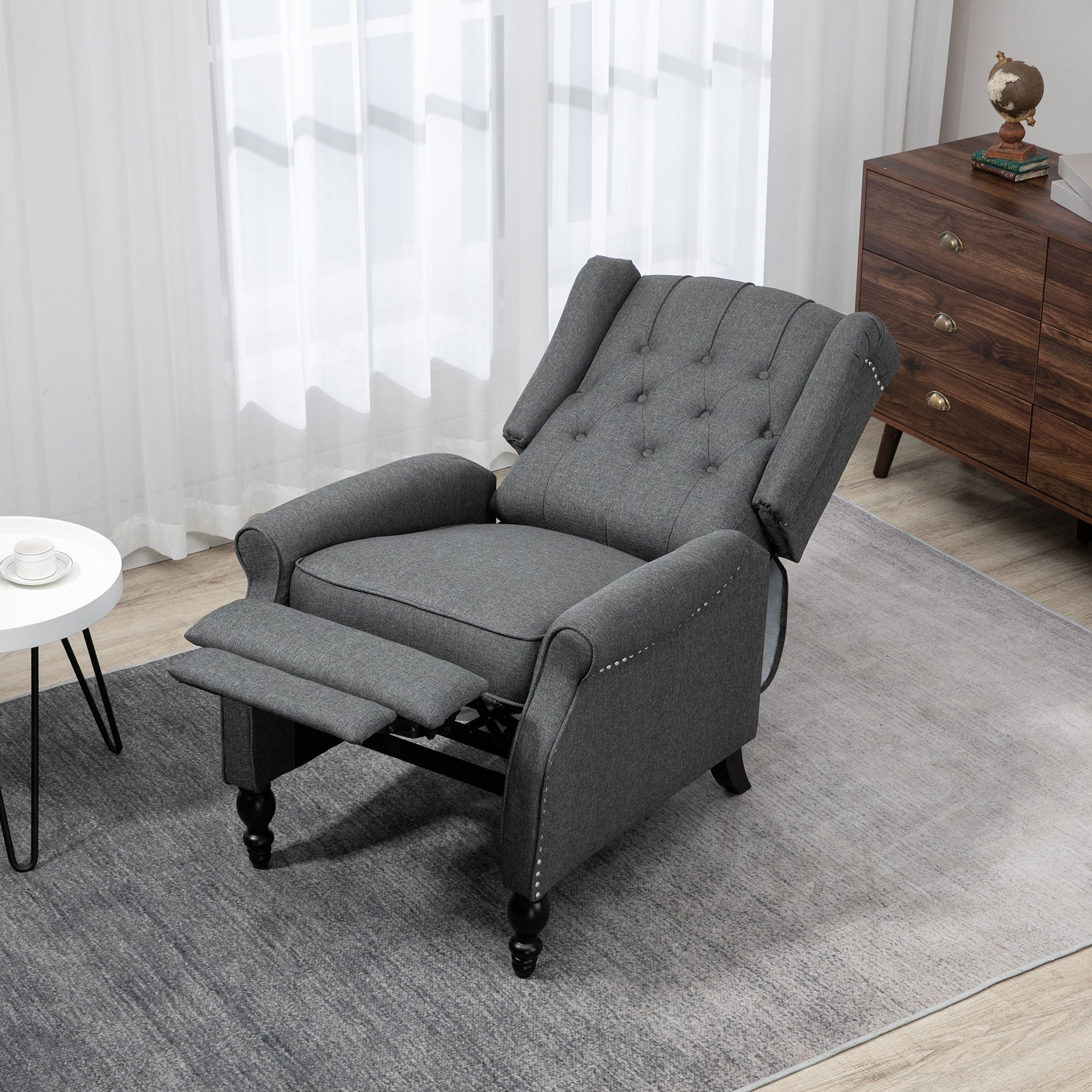 Wingback Reclining Chair with Footrest, Button Tufted Recliner Chair with Rolled Armrests for Living Room, Dark Grey Single Sofas   at Gallery Canada