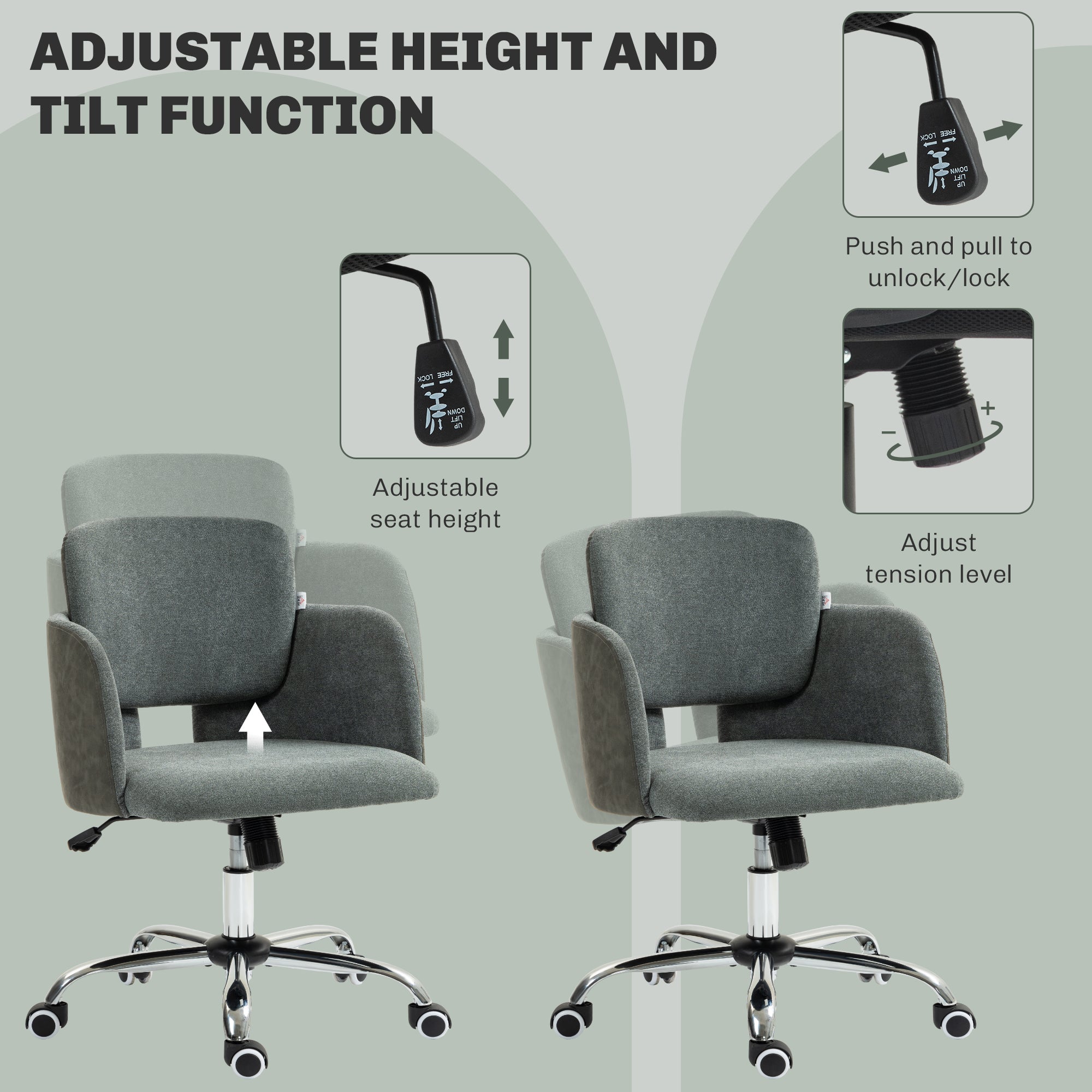Small Desk Chair, Height Adjustable Fabric Office Chair with Swivel Wheels, Tilt Function, Computer Chair, Grey Task Chairs at Gallery Canada