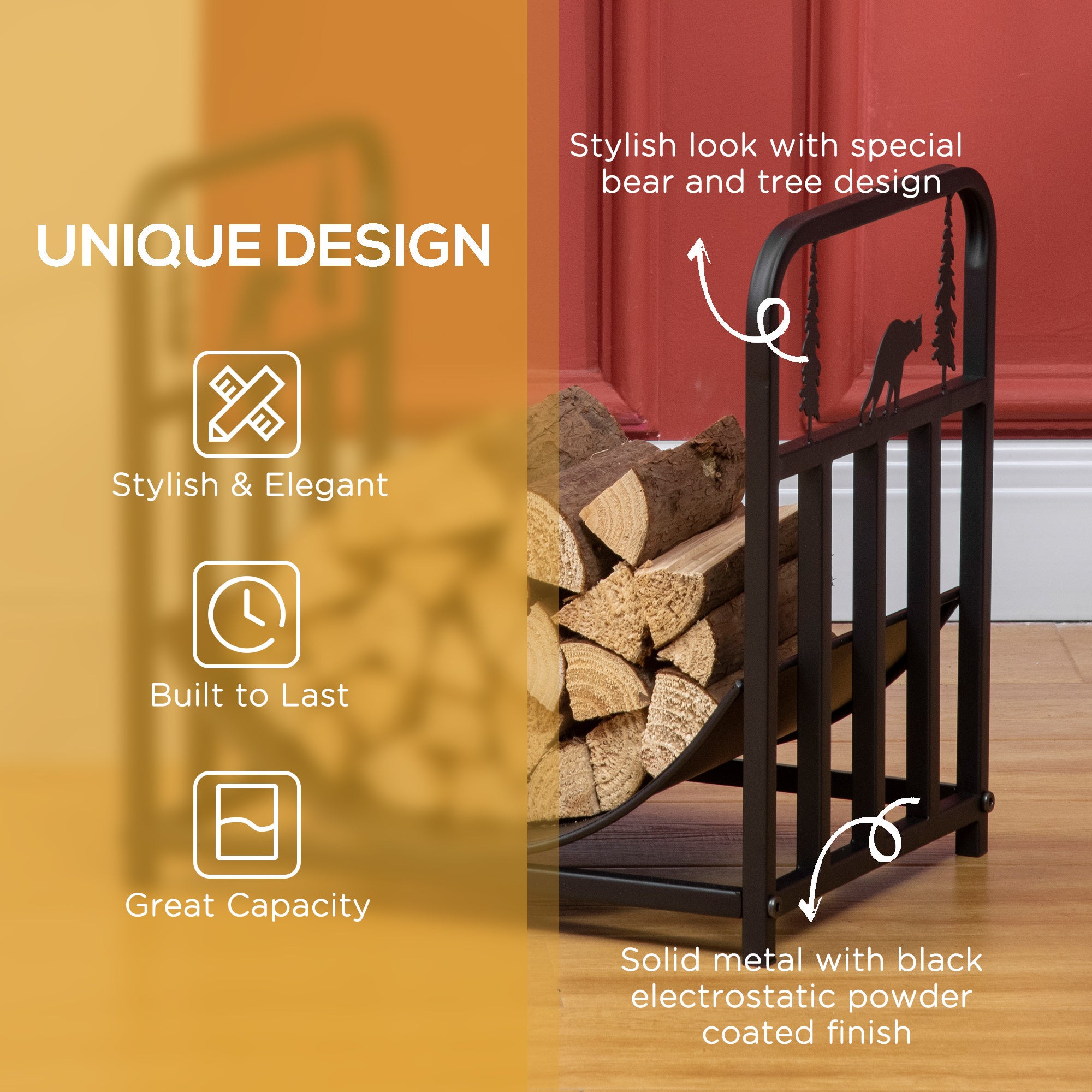 Curved Firewood Rack with Bear and Pine Tree Design, 17 Inch Log Holder Storage Rack with 110 lbs. Capacity, Black Firewood Racks at Gallery Canada