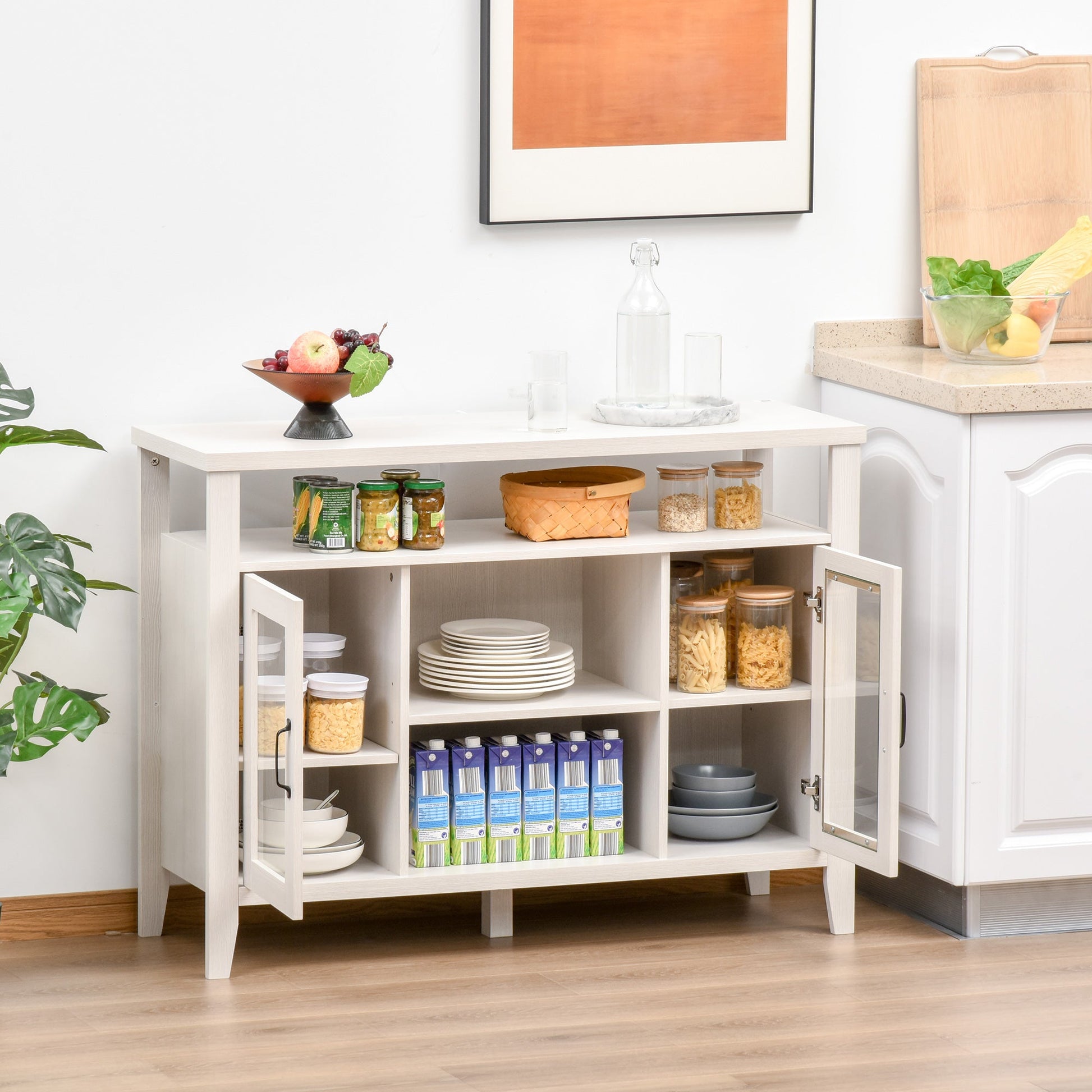 Rustic Style Sideboard Serving Buffet Storage Cabinet Cupboard with Glass Doors and Adjustable Shelves for Kitchen and Dining Area, White Wood Bar Cabinets   at Gallery Canada