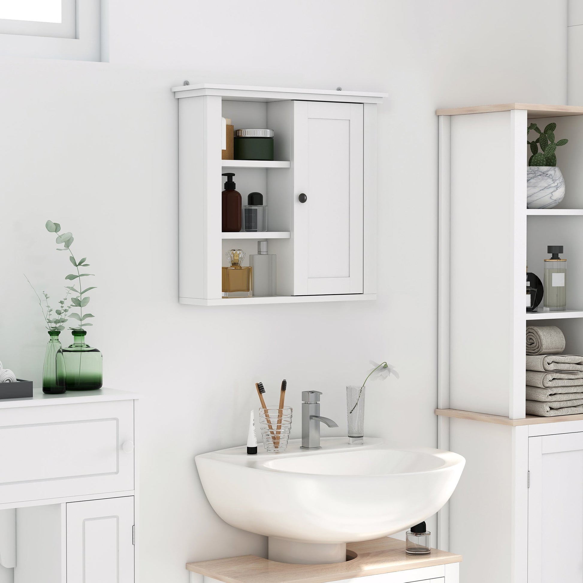 Bathroom Wall Cabinet, Wall Mounted Medicine Cabinet with 3 Open Shelves and Storage Cupboard for Laundry Room, White Wall Mounted Cabinets   at Gallery Canada