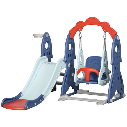 3 in 1 Kids Slide and Swing Set Indoor Playground w/ Basketball Hoop, Climber, Adjustable Swing, Dark Blue Gym Sets & Swings   at Gallery Canada