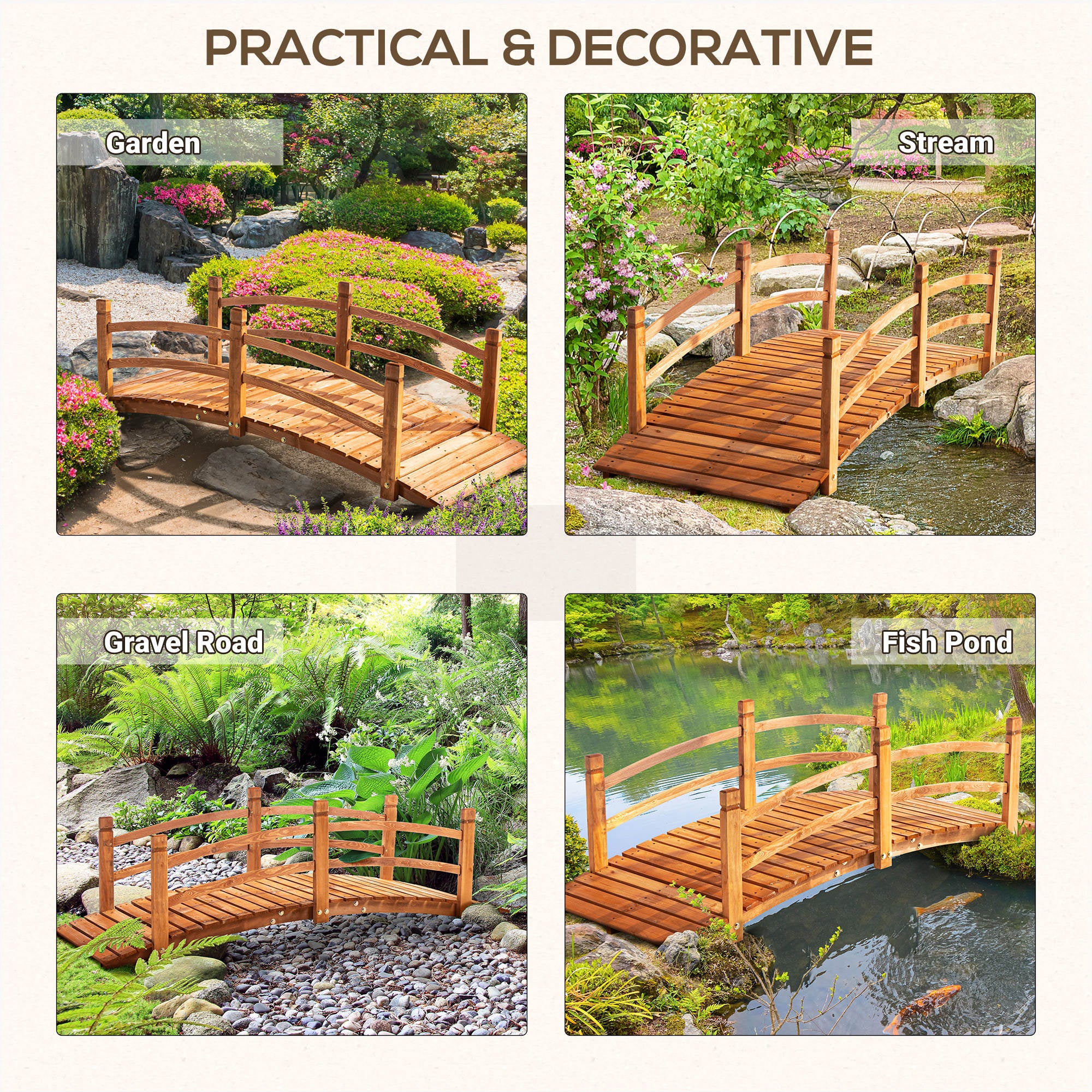 6FT Wooden Garden Bridge Classic Arc Footbridge with Guardrails for Stream Pond Walkway, Orange Garden Bridges at Gallery Canada
