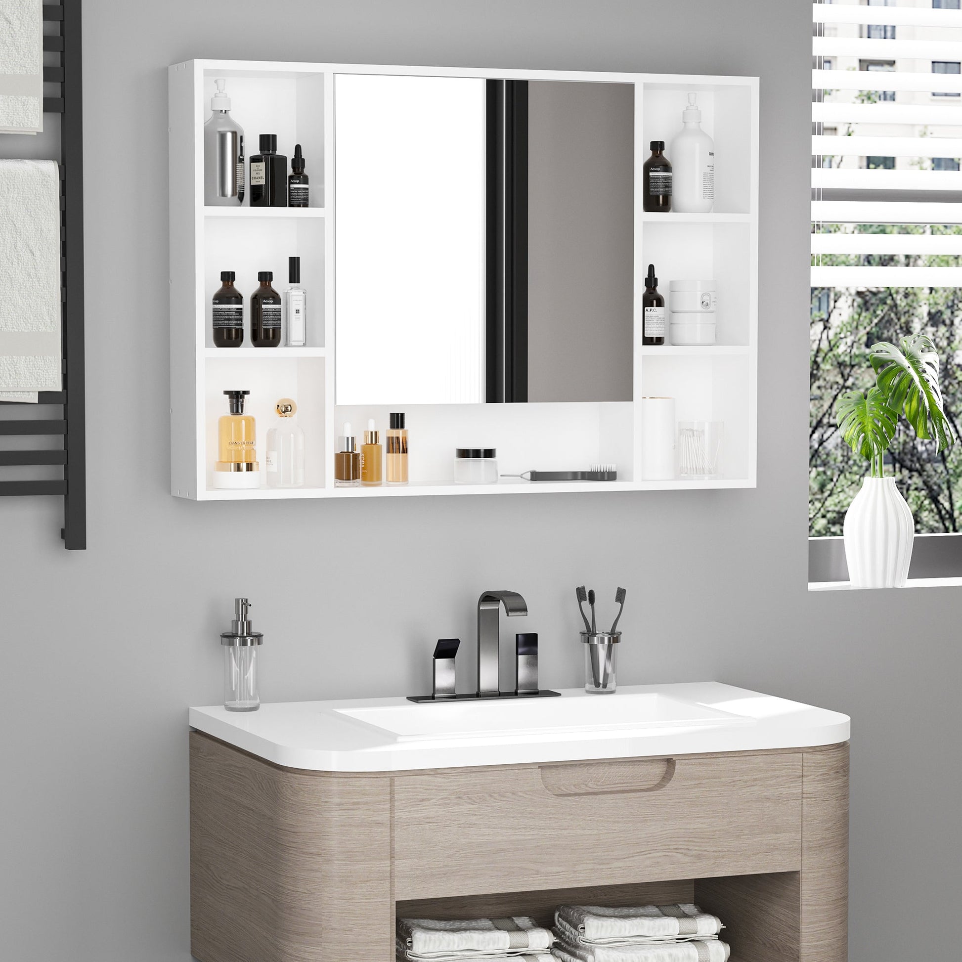 Wall Mounted Medicine Cabinet, 39.25"W x 27.5"H Bathroom Mirror Cabinet with Single Mirrored Door, Shelves and Storage Cupboard, White Mirror Medicine Cabinets   at Gallery Canada