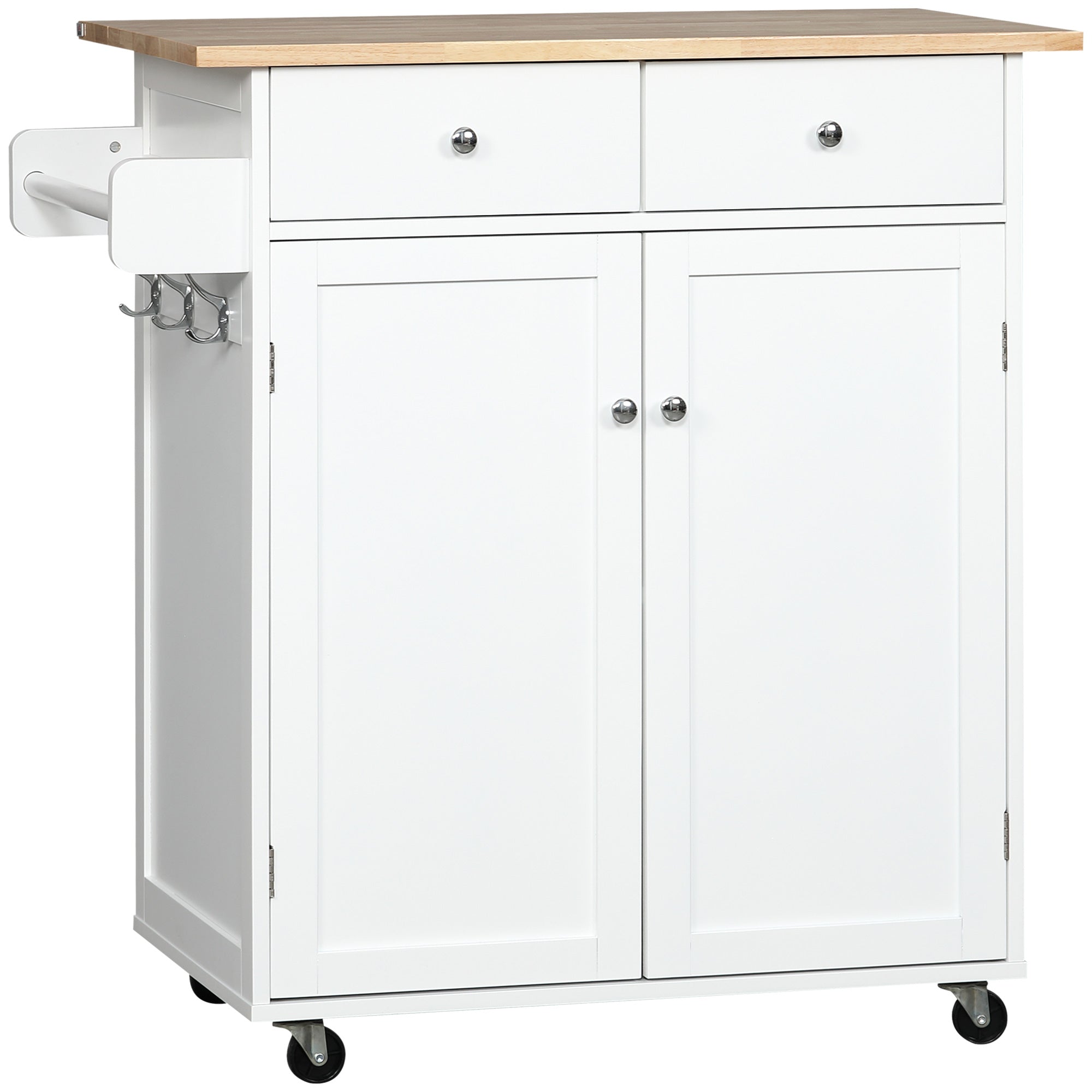 Rolling Kitchen Island with Storage, Kitchen Cart with Rubber Wood Top, Adjustable Shelf, Towel Rack, Hooks and Storage Drawers, White Kitchen Islands & Kitchen Carts White  at Gallery Canada