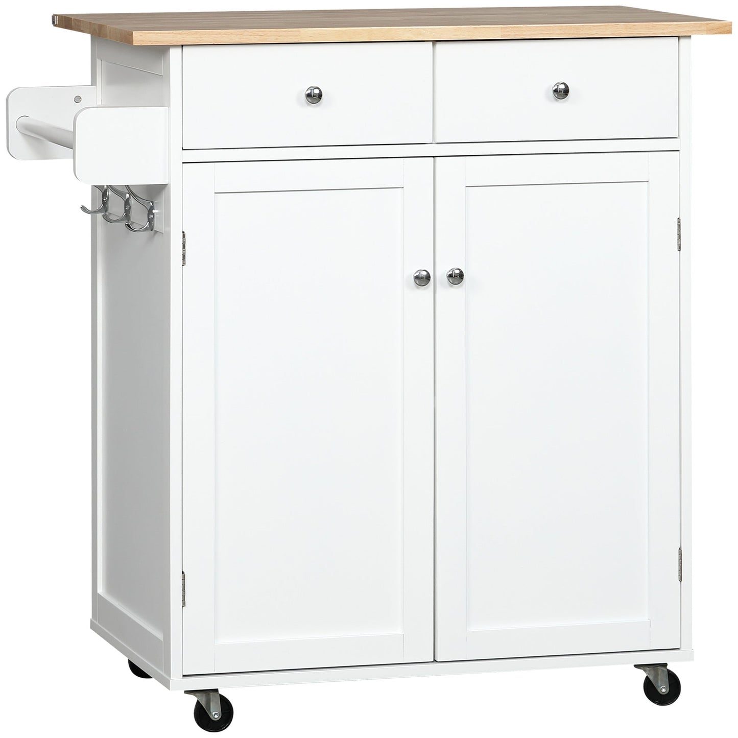 Rolling Kitchen Island with Storage, Kitchen Cart with Rubber Wood Top, Adjustable Shelf, Towel Rack, Hooks and Storage Drawers, White Kitchen Islands & Kitchen Carts White  at Gallery Canada