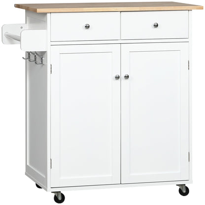 Rolling Kitchen Island with Storage, Kitchen Cart with Rubber Wood Top, Adjustable Shelf, Towel Rack, Hooks and Storage Drawers, White Kitchen Islands & Kitchen Carts White  at Gallery Canada