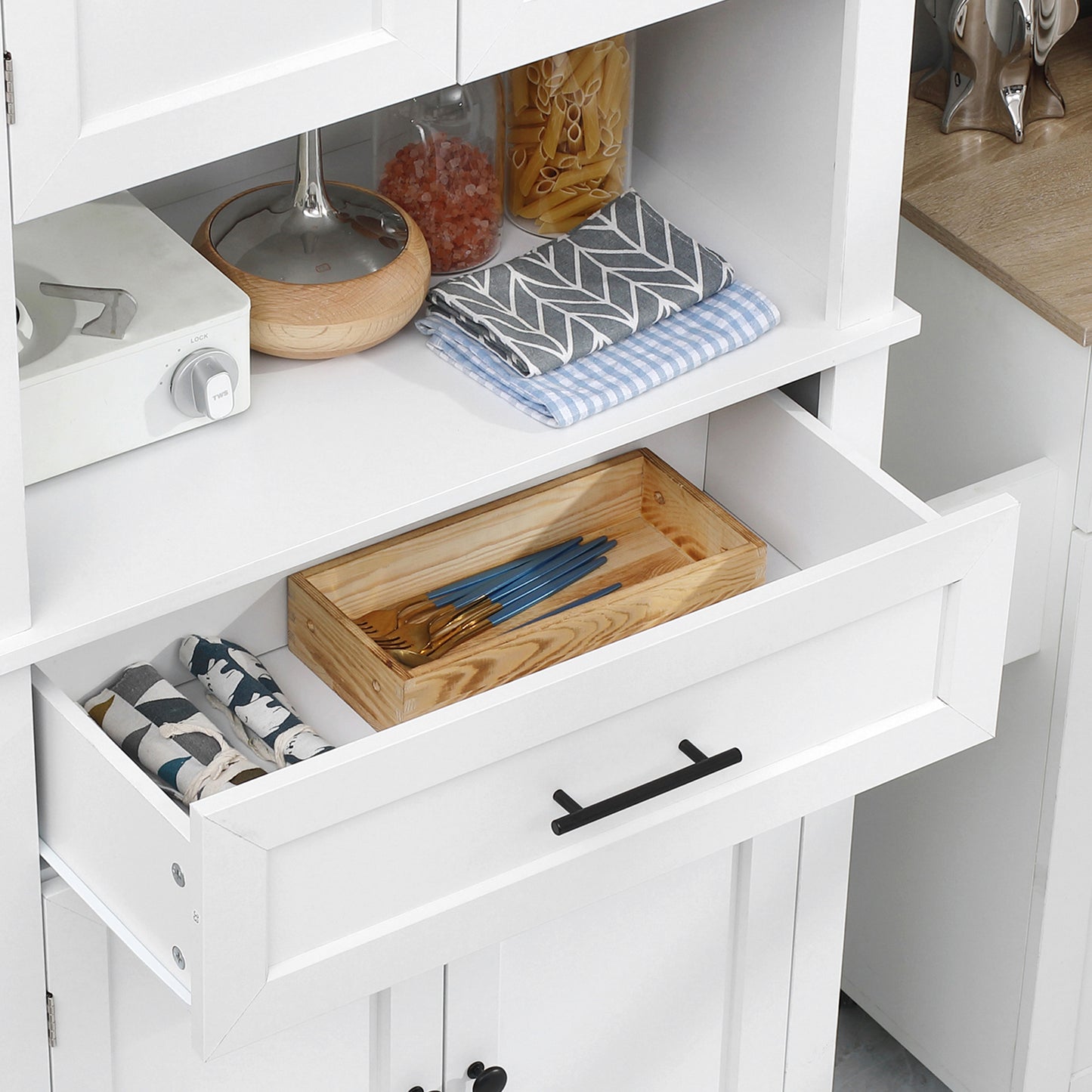 Modern Freestanding Kitchen Pantry Cabinet Cupboard with Doors Open Shelves Adjustable Shelving Microwave Space, White Kitchen Pantry Cabinets   at Gallery Canada