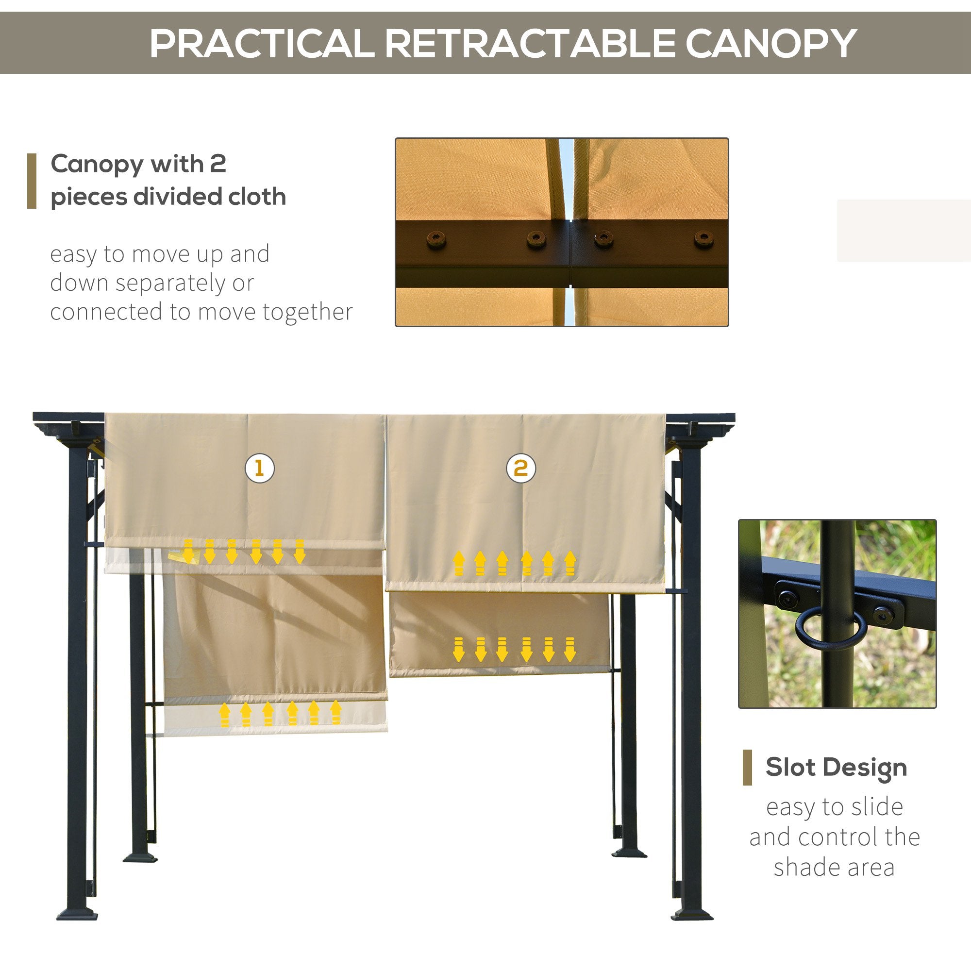12' x 10' Outdoor Patio Gazebo Pergola with Retractable Canopy Roof, Steel Frame with Stakes, Unique Design, Beige Pergolas at Gallery Canada