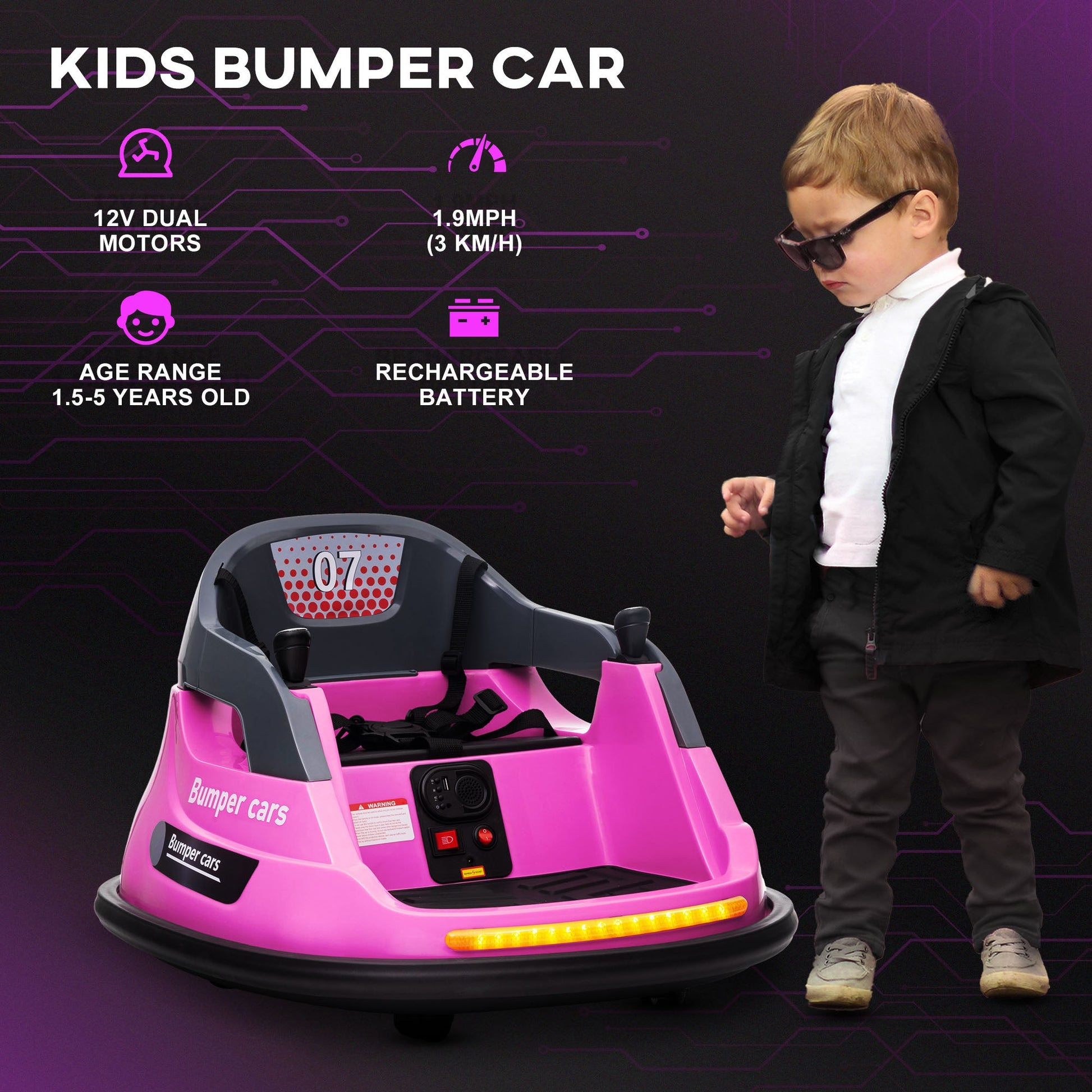 Bumper Car 12V 360° Rotation Electric Car for Kids, with Remote, Safety Belt, Lights, Music, for 1.5-5 Years Old, Pink Electric Toy Cars   at Gallery Canada