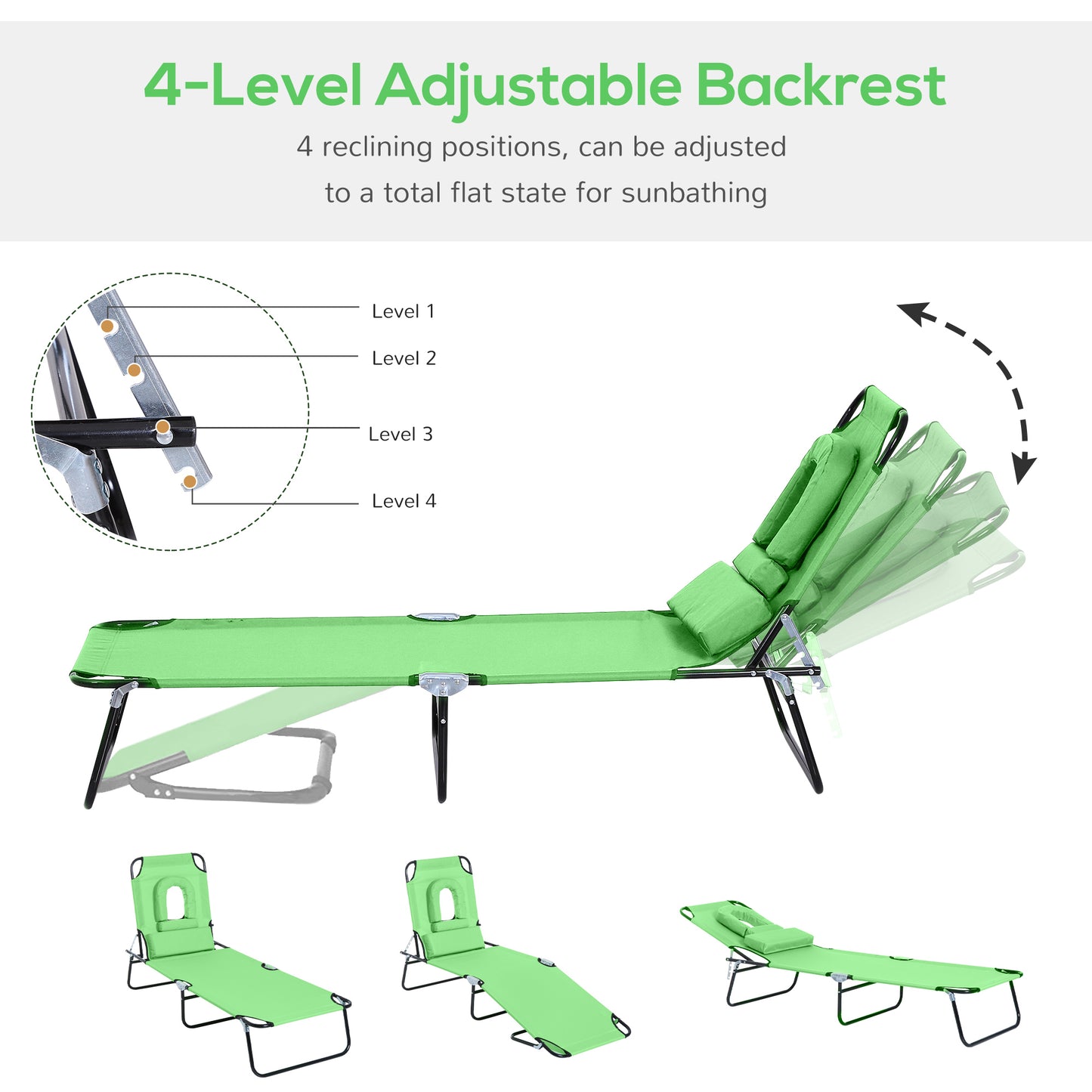 Adjustable Folding Outdoor Lounge Chair with Reading Hole and Pillow, Green Lounger Chairs   at Gallery Canada