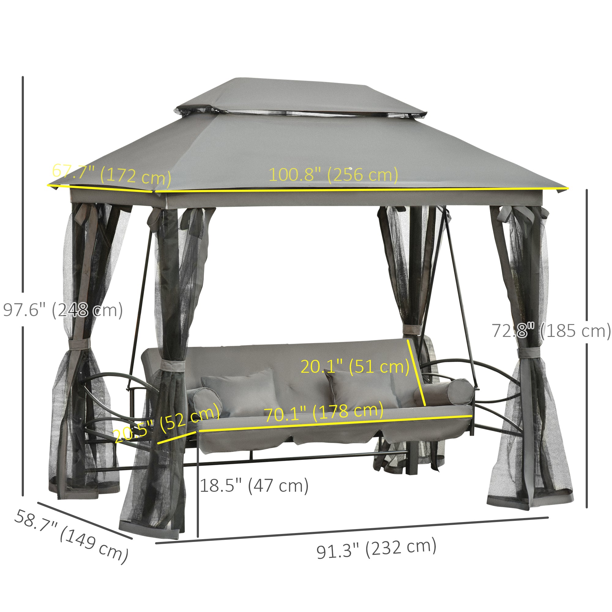 3 Person Outdoor Patio Daybed, 3 in 1 Canopy Gazebo Swing Chair Garden Hammock with Sun Shade, Mesh Mosquito and Net, Dark Grey Patio Swings with Stand at Gallery Canada