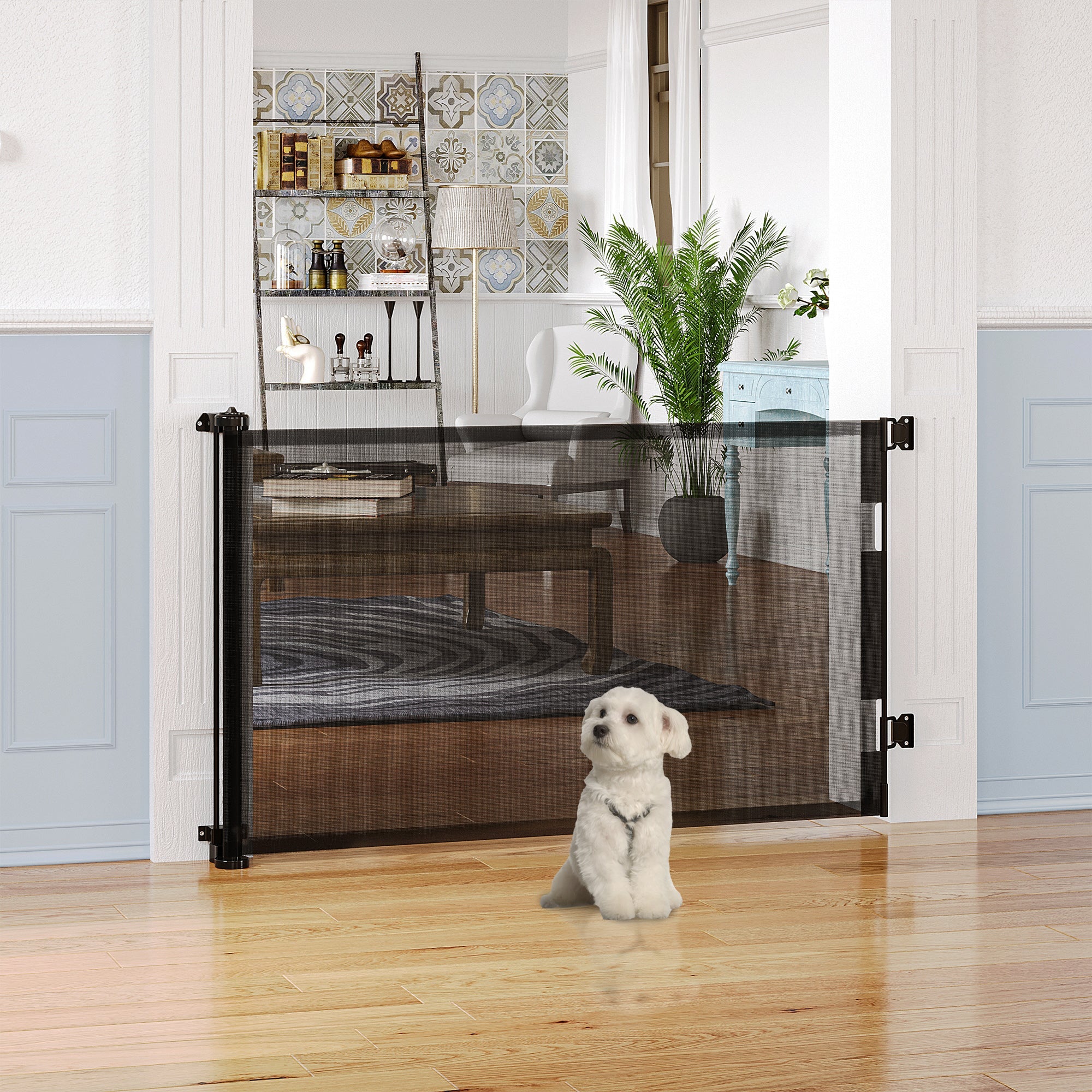 Retractable Pet Gate w/ Single Hand Operation, for Stairs, Doorways, Hallways - Black Houses, Kennels & Pens   at Gallery Canada