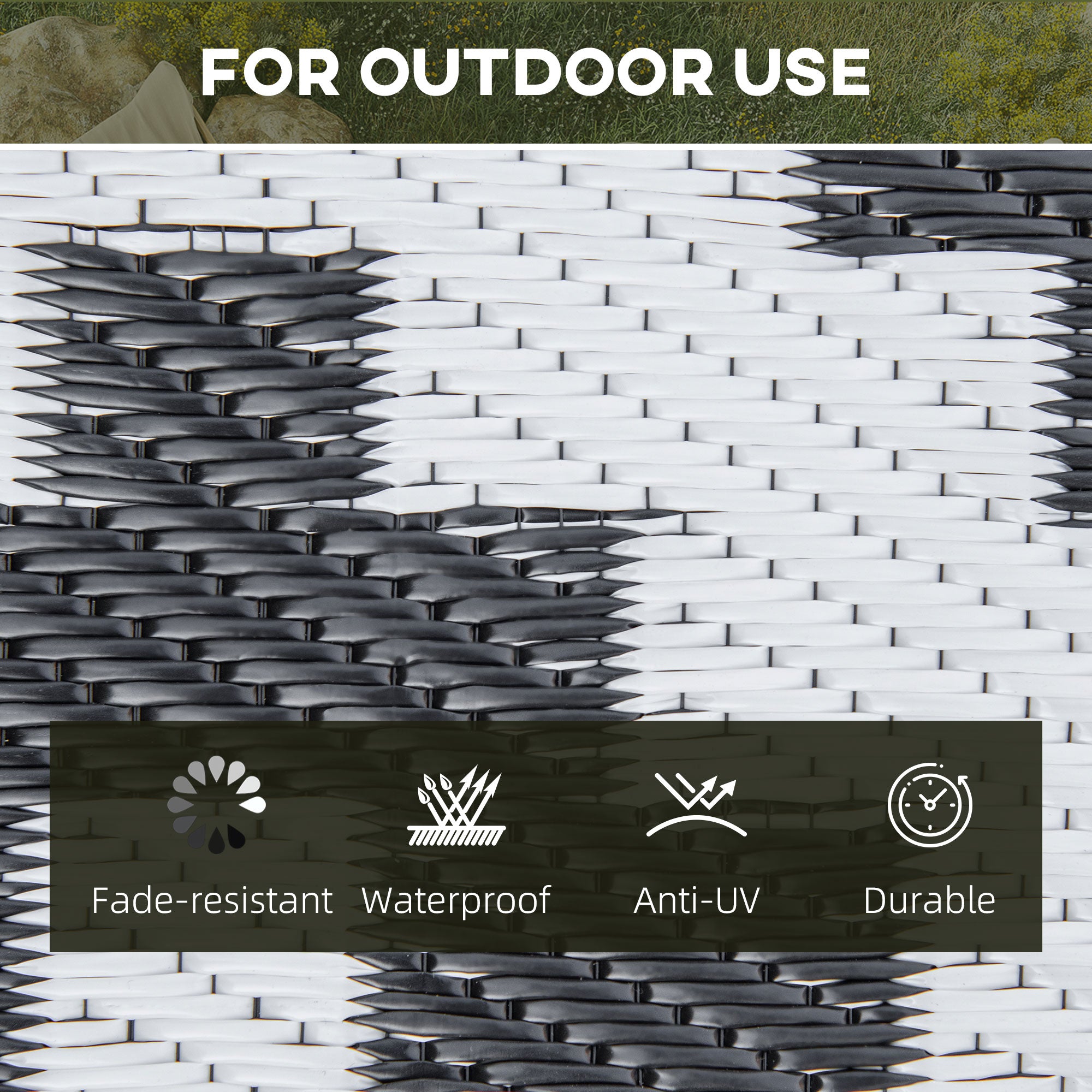 Reversible Outdoor RV Rug, Patio Floor Mat, 6' x 9' Plastic Straw Rug for Backyard, Deck, Beach, Camping, Black &; White Garden Decor at Gallery Canada