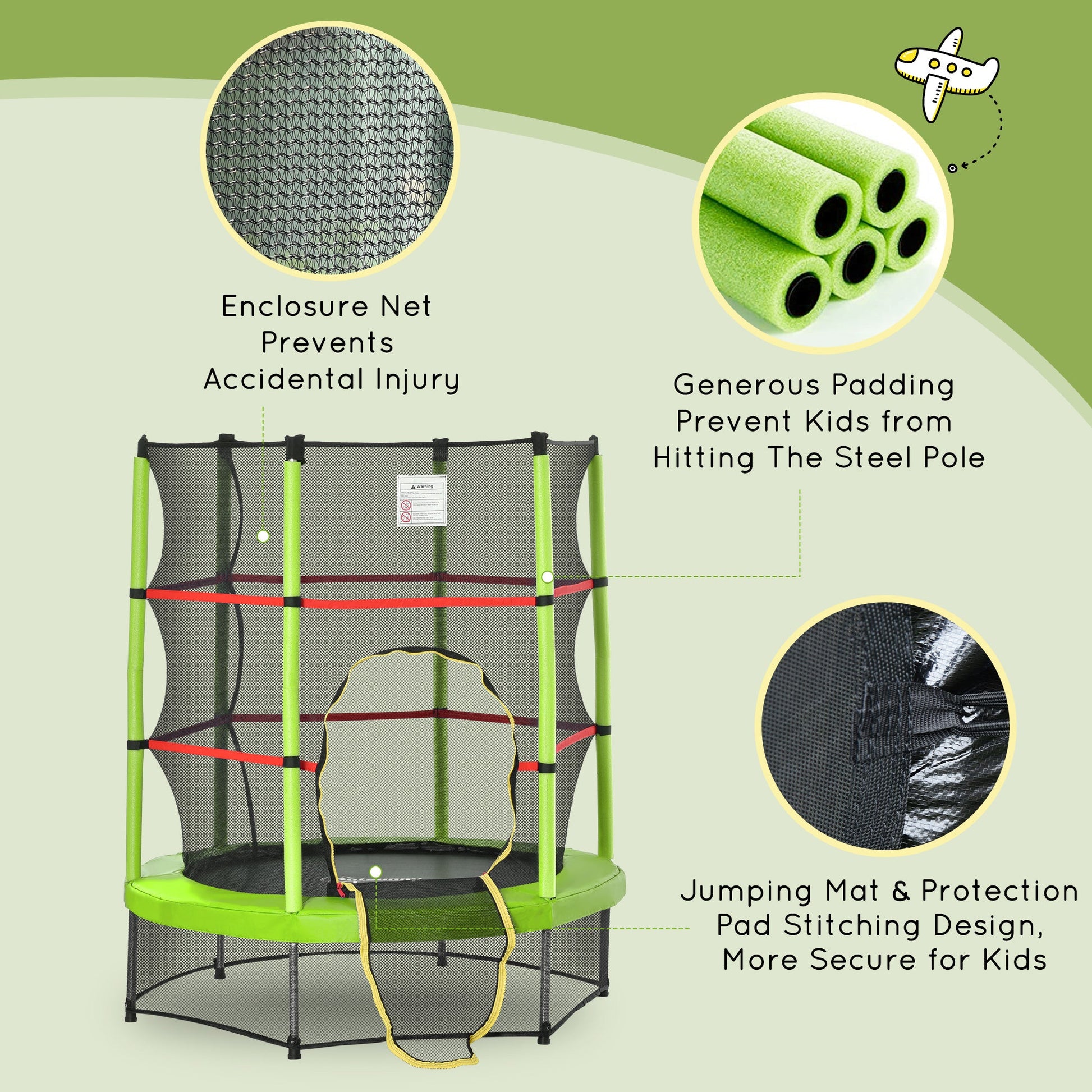 Φ55" Kids Trampoline with Enclosure Net Steel Frame Indoor Round Bouncer Rebounder Age 3 to 6 Years Old Green Trampolines   at Gallery Canada