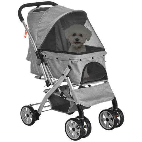 4 Wheels Pet Stroller w/ Reversible Handle, Foldable Dog Cat Travel Carriage w/ EVA Wheels Basket Storage Bag 3-stage Canopy Grey