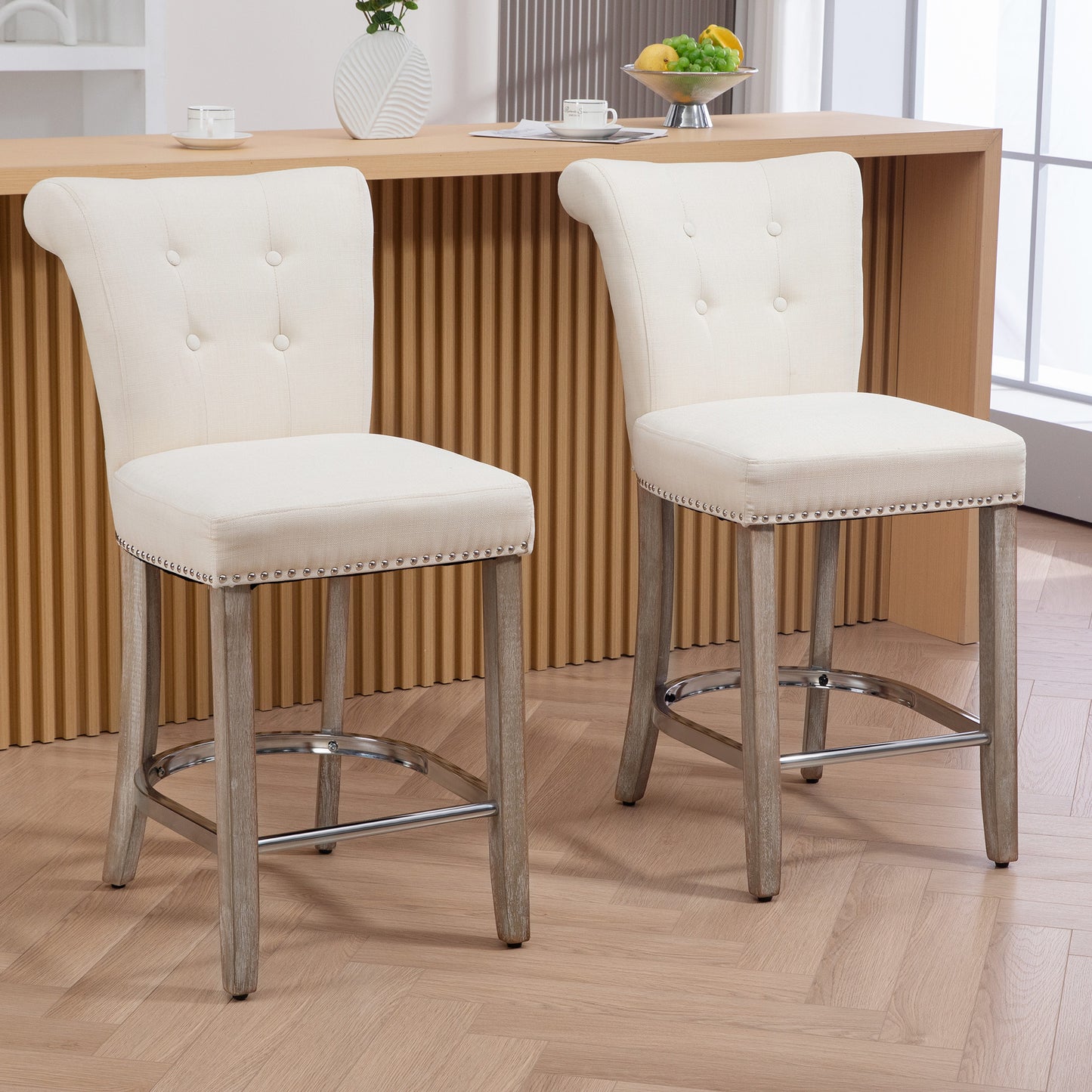 Bar Stools Set of 2, Upholstered Counter Height Stools with Button Tufted Back, Wood Legs and Footrest, Cream White Bar Stools   at Gallery Canada