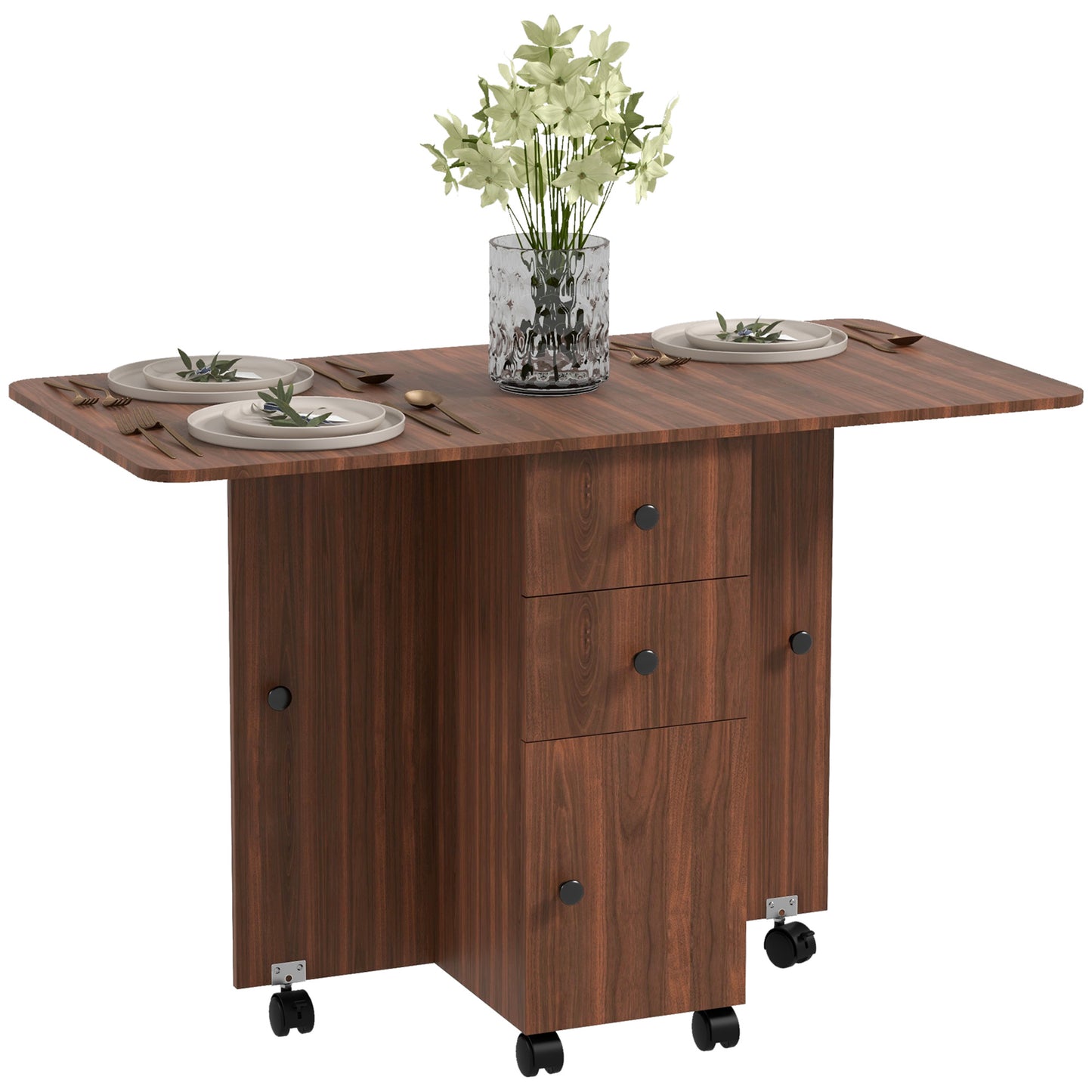 Drop Leaf Dining Table, Mobile Folding Table on Wheels with Drawers and Cabinet for Dining Room, Kitchen, Brown Bar Tables & Dining Tables   at Gallery Canada