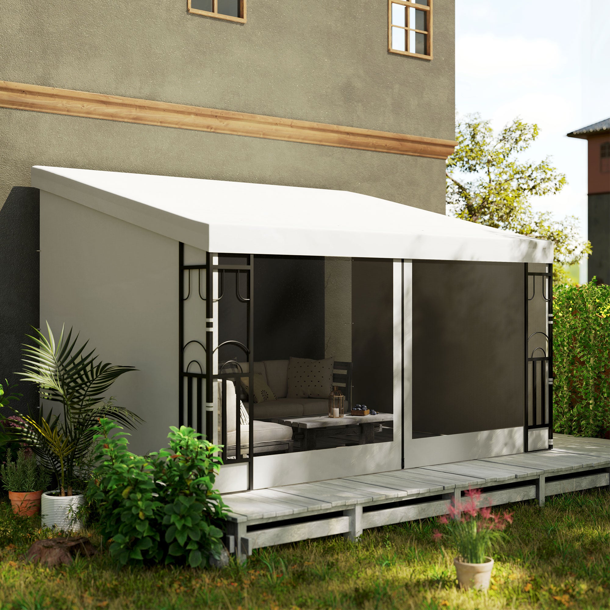 10' x 13' Wall Pergola, Outdoor Gazebo with 2 Curtains and 2 Nettings, UV Resistant, for Patio, Deck, Beige Pergolas at Gallery Canada