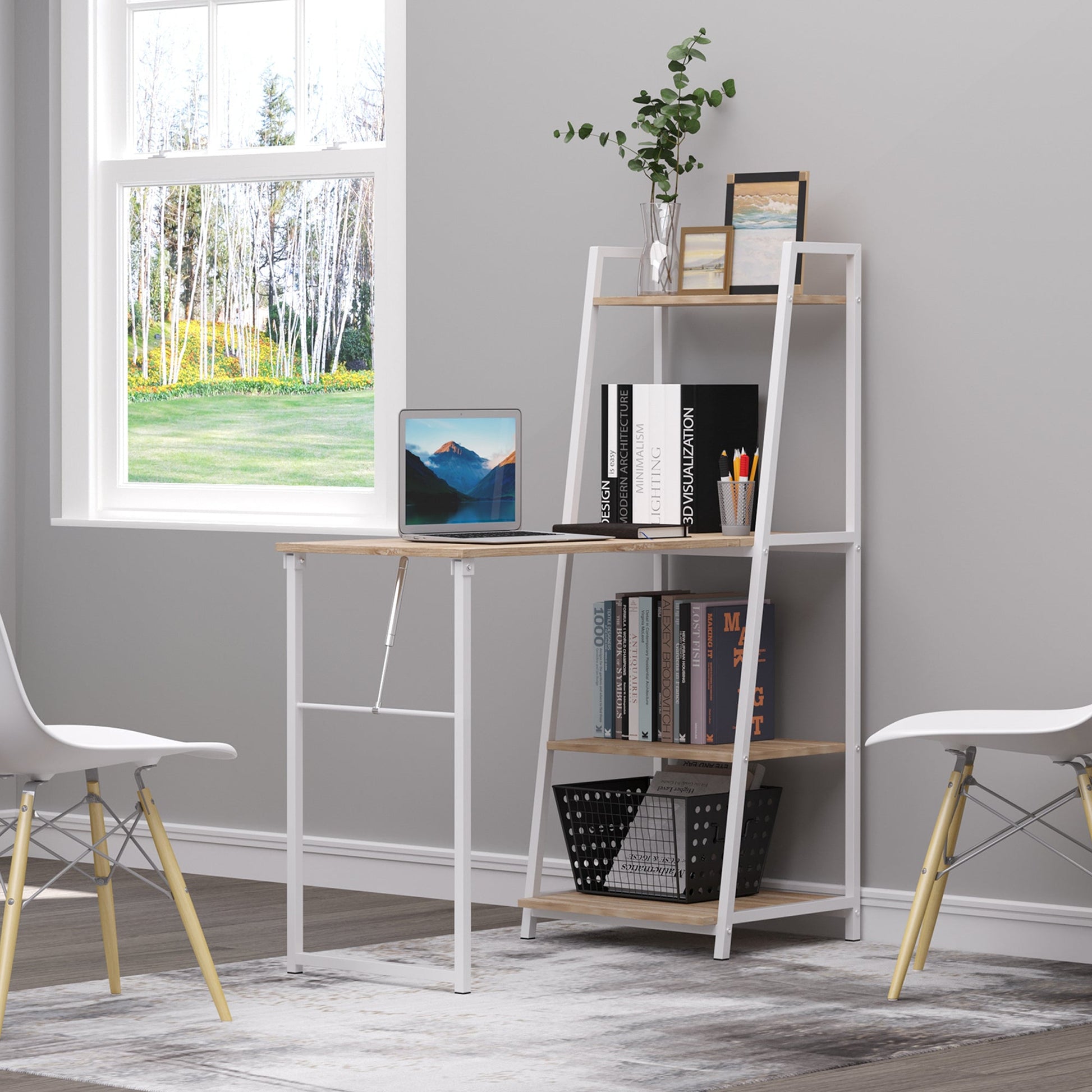 Computer Desk with Storage Sheves and Foldable Tabletop, Writing Desk for Home Office and Study, White, Natural Writing Desks   at Gallery Canada