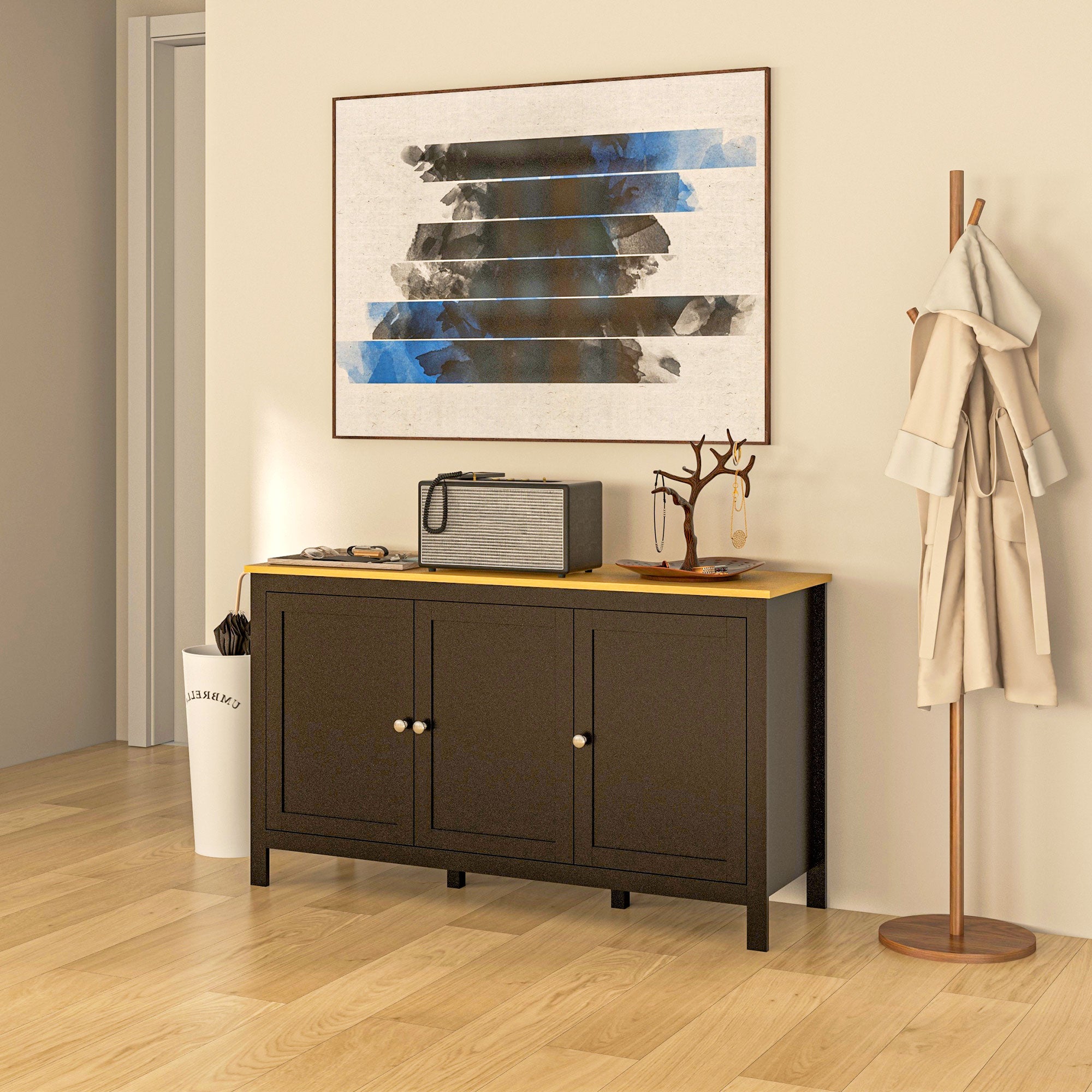 Sideboard, Buffet Cabinet with Doors and Adjustable Shelves for Living Room, Entryway, Black and Natural Kitchen Pantry Cabinets   at Gallery Canada