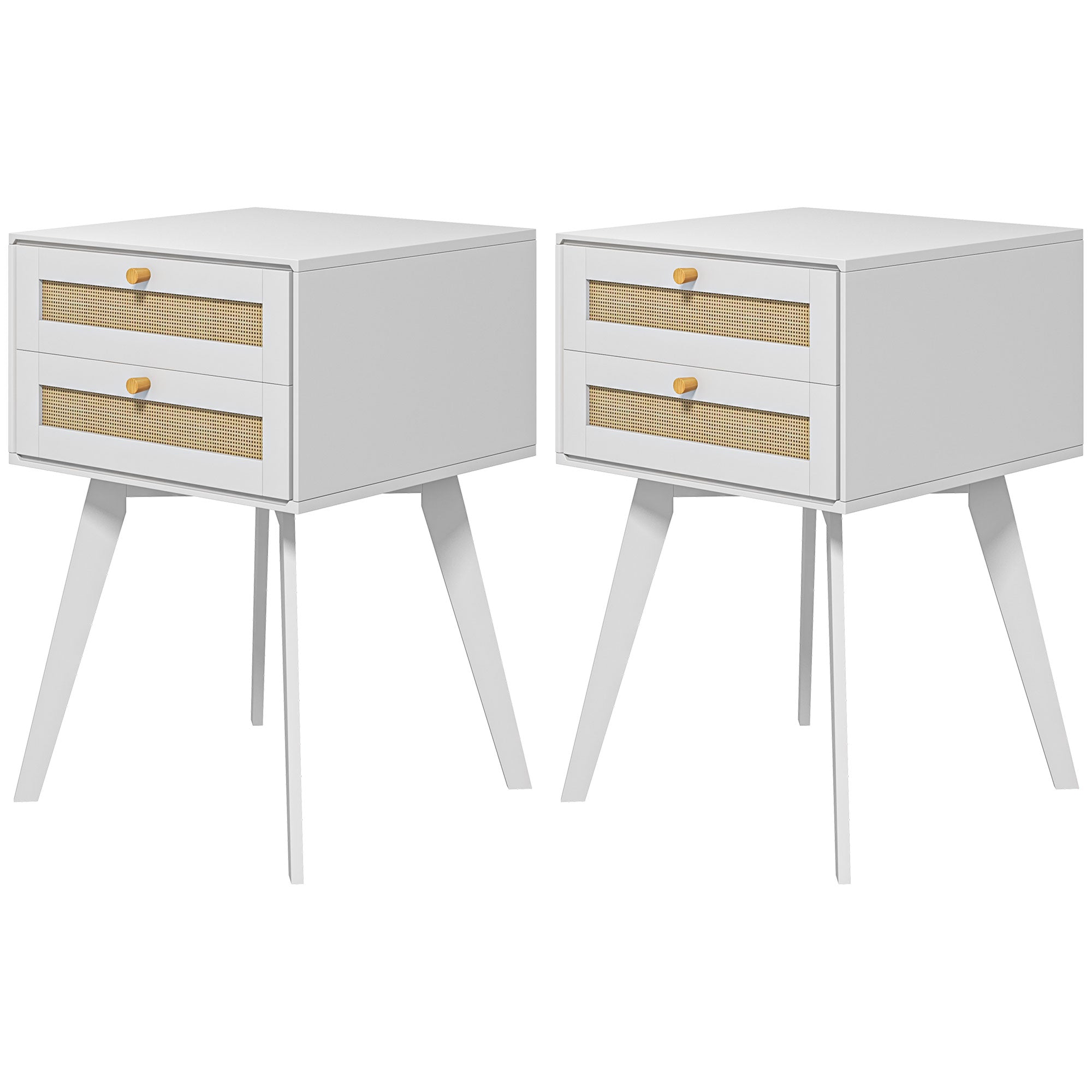 Boho Night Stands Set of 2, Bedside Tables with 2 Rattan Drawers, Square End Tables for Bedroom, Living Room Bedside Tables White at Gallery Canada