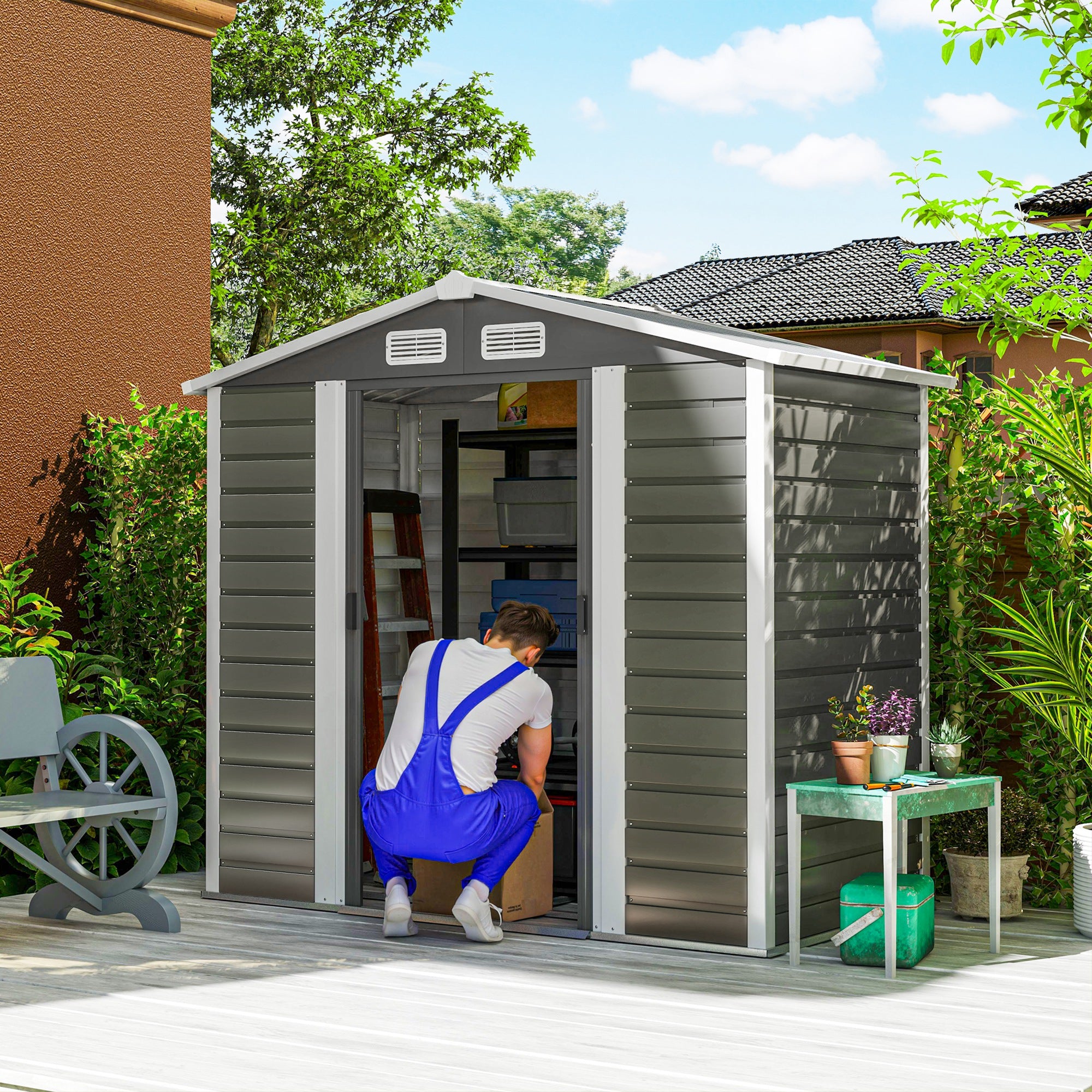7' x 4' Outdoor Storage Shed, Metal Garden Shed with Lockable Doors and Gloves for Backyard, Garden, Patio, Dark Grey Sheds at Gallery Canada