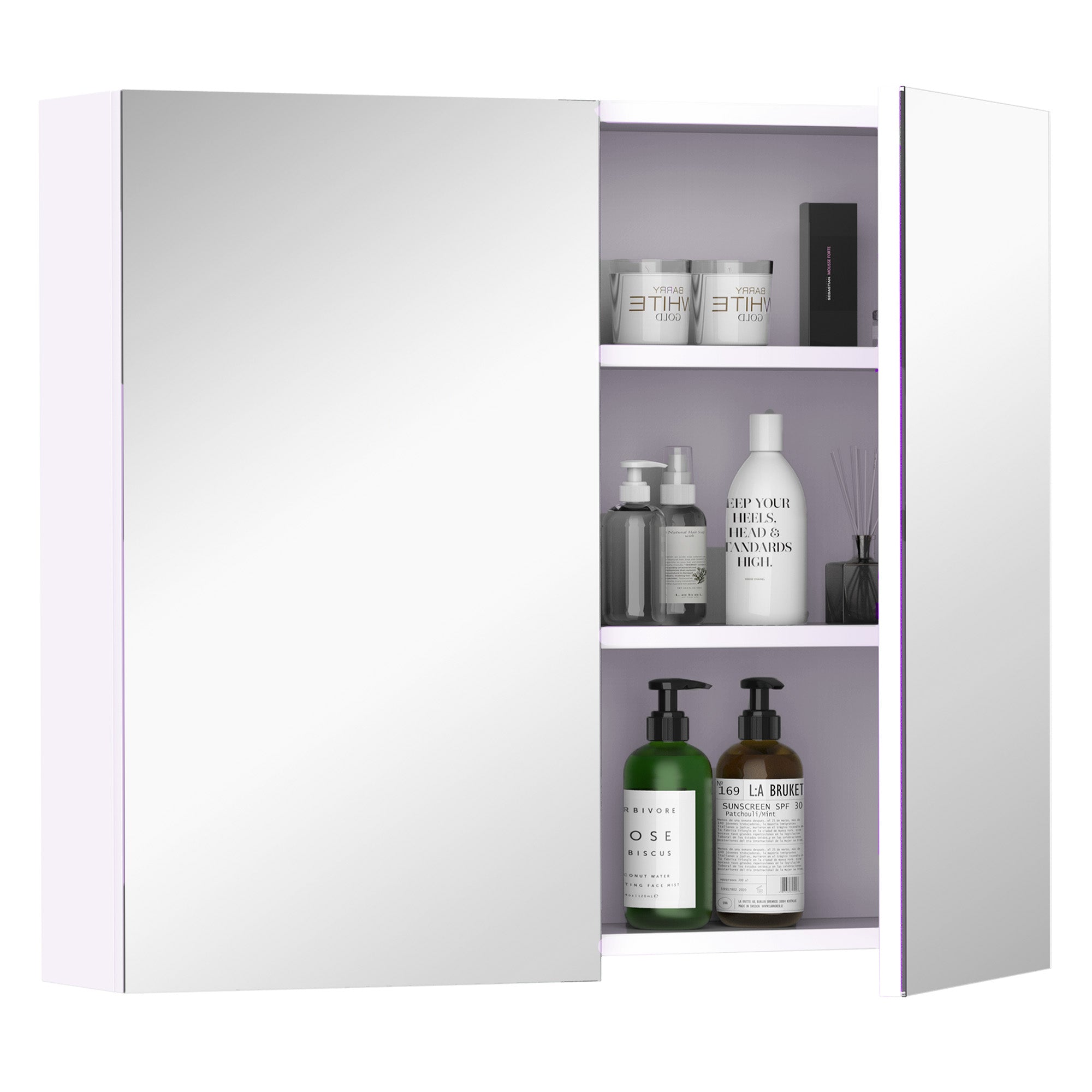 Wall Mount Mirrored Medicine Cabinet, Bathroom Mirror Cabinet with Adjustable Shelf, Double Soft Closing Doors, Light Lilac Mirror Medicine Cabinets White at Gallery Canada