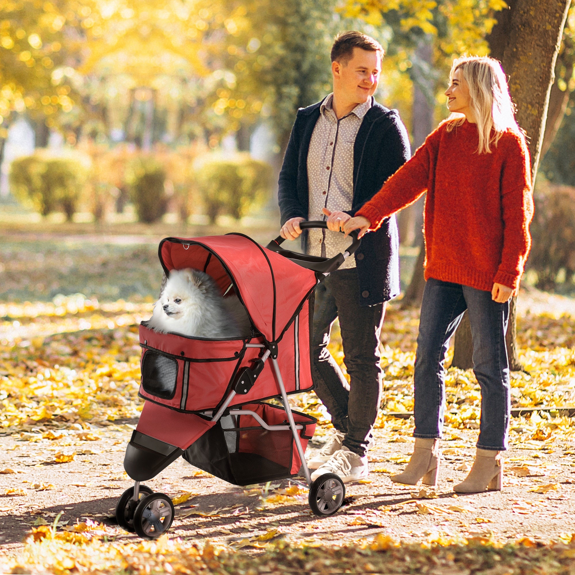 3 Wheels Foldable Dog Stroller with Storage Basket, Adjustable Canopy, Cupholder for Miniature and Small Dogs, Red Dog Bike Trailers & Strollers at Gallery Canada