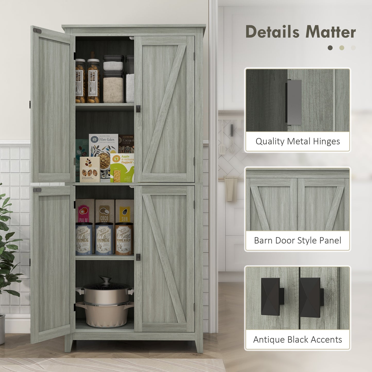 72" Freestanding Storage Cabinet, Kitchen Pantry Cabinet with Doors and Shelves for Dining Room, Grey Kitchen Pantry Cabinets at Gallery Canada