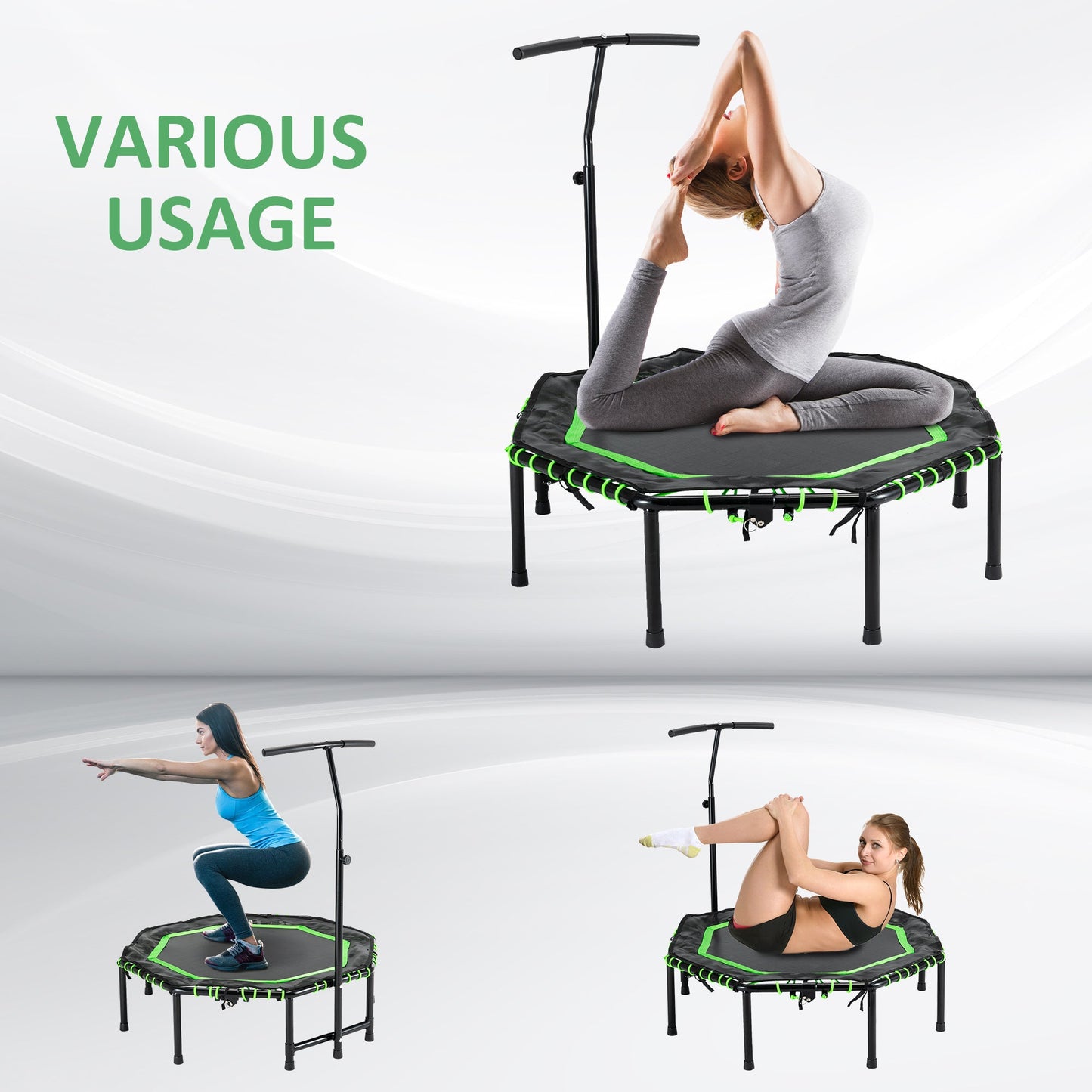 48" Mini Trampoline, Foldable Trampoline with Adjustable Handle Bar for Adults Exercise, Workout, Fitness, Green - Gallery Canada