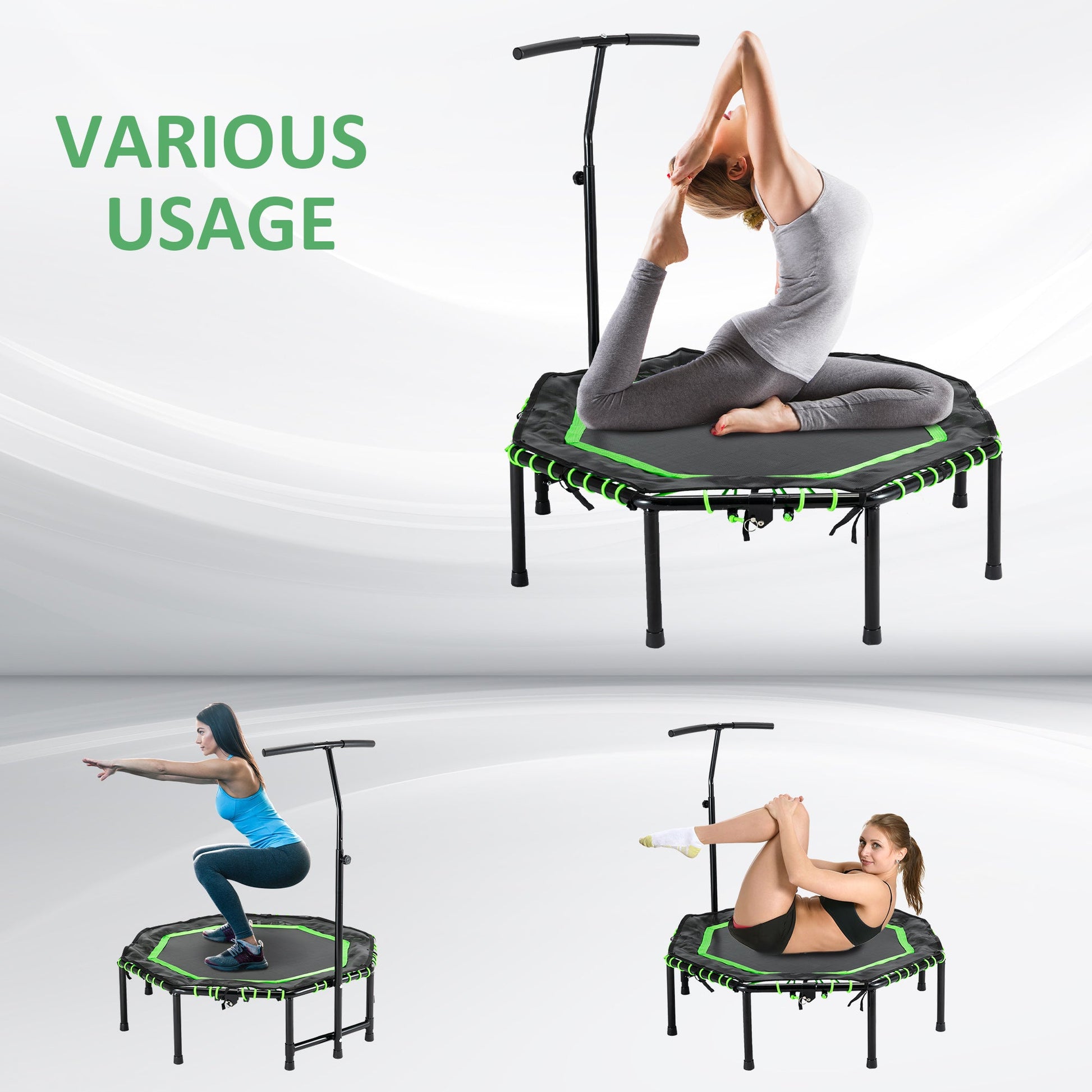 48" Mini Trampoline, Foldable Trampoline with Adjustable Handle Bar for Adults Exercise, Workout, Fitness, Green Trampolines   at Gallery Canada