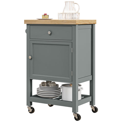 Kitchen Cart on Wheels, Rolling Kitchen Island Cart with Wood Top, Towel Rack, Drawer and Shelf for Dining Area, Grey