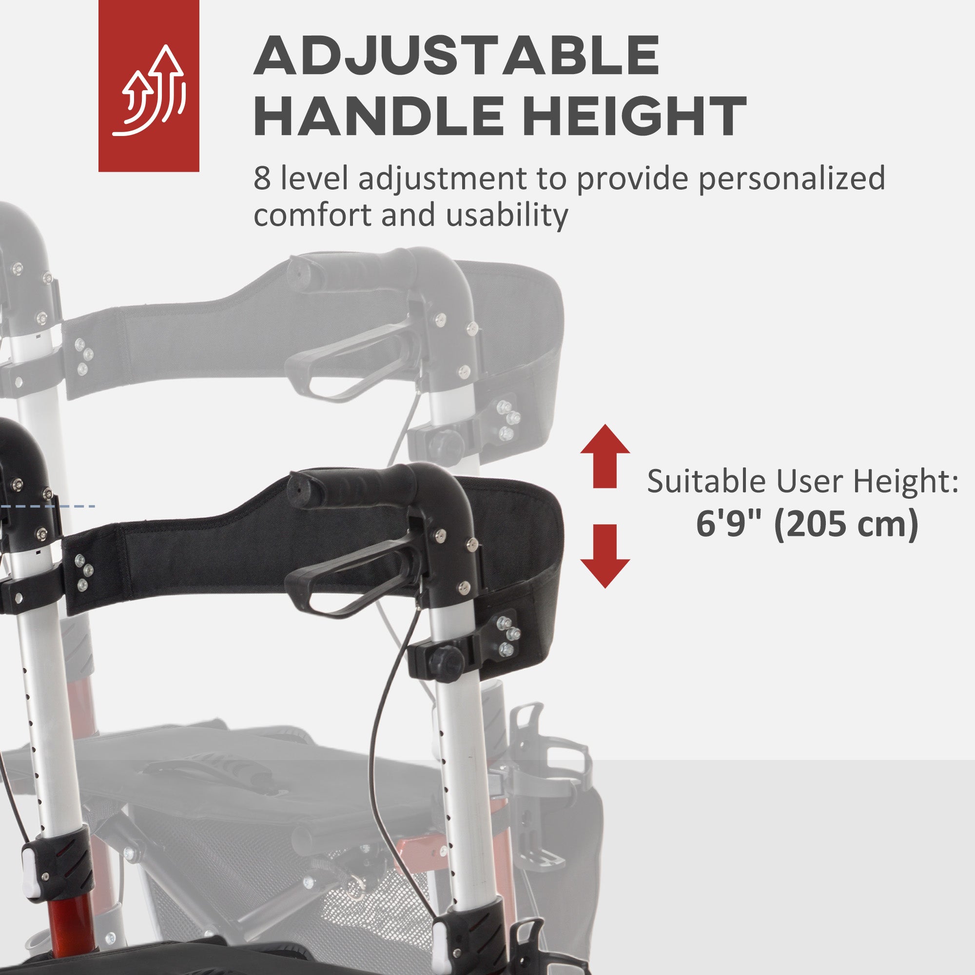 Lightweight Folding Rolling Walker with Large Seat, Back, Adjustable Handle, Bag, Dual Brake, Cane Holder, Red Knee Walker & Wheelchair Ramps at Gallery Canada