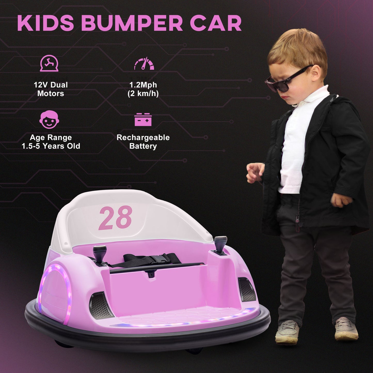 12V Bumper Car for Toddlers, Ride On Car with 360 Degree Remote Control, Lights Music Horn, for 1.5-5 Years, Pink Electric Toy Cars   at Gallery Canada