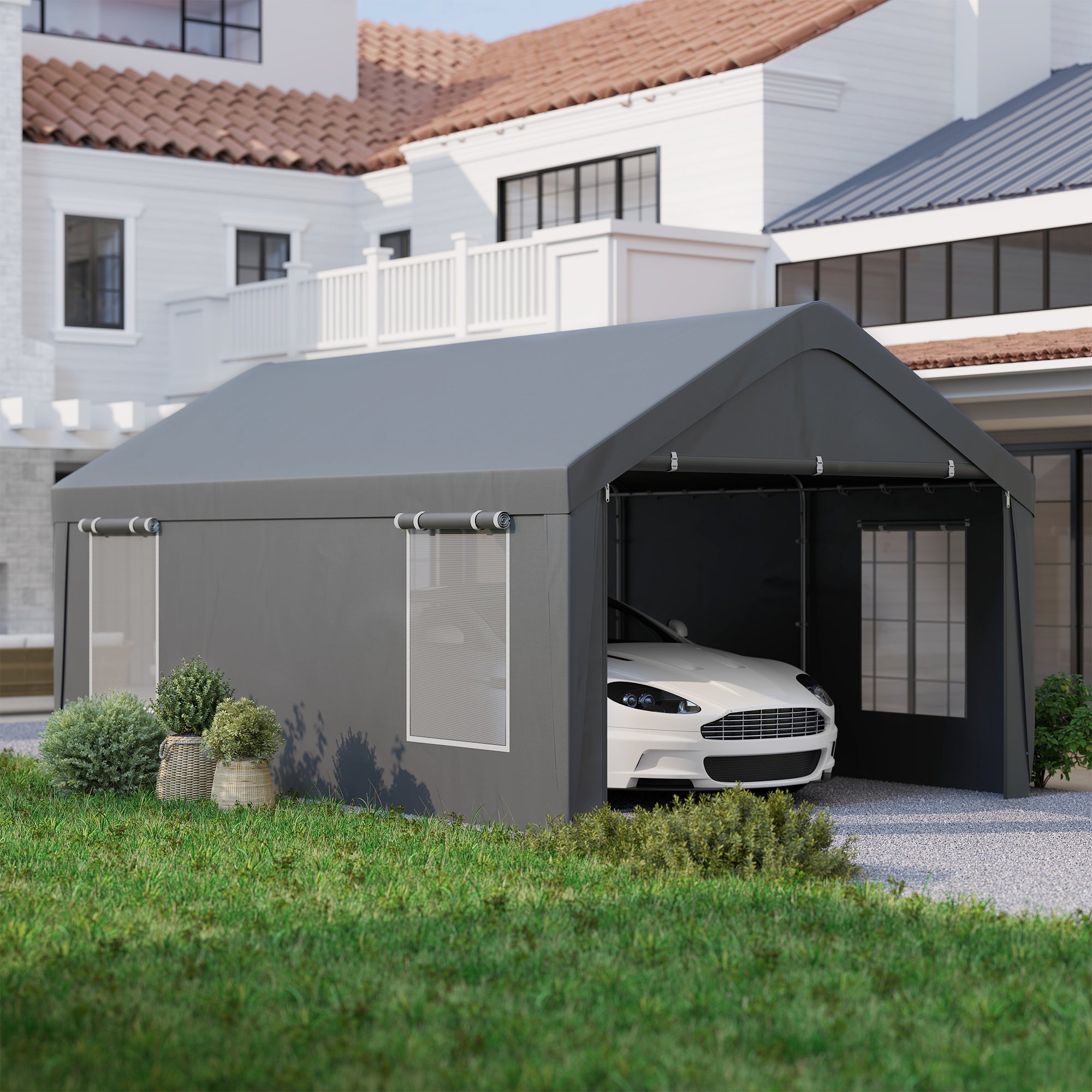 12 x 20ft Carport with 2 Roll-Up Doors, 4 Windows, Portable Garage with Removable Sidewalls for Car, Truck, Dark Grey Car Shelters at Gallery Canada